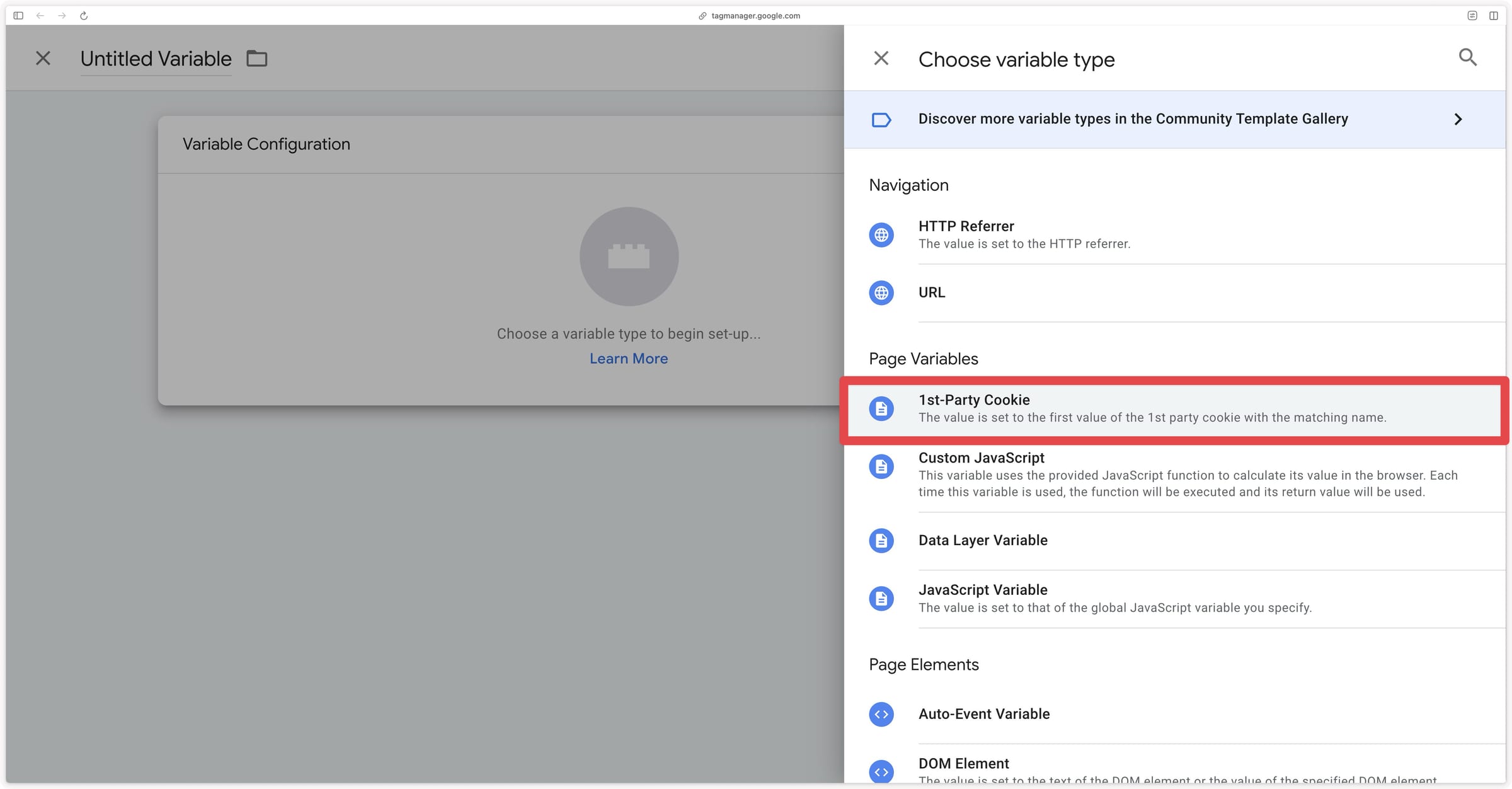 Selecting the 1st Party Cookie variable type in GTM Web