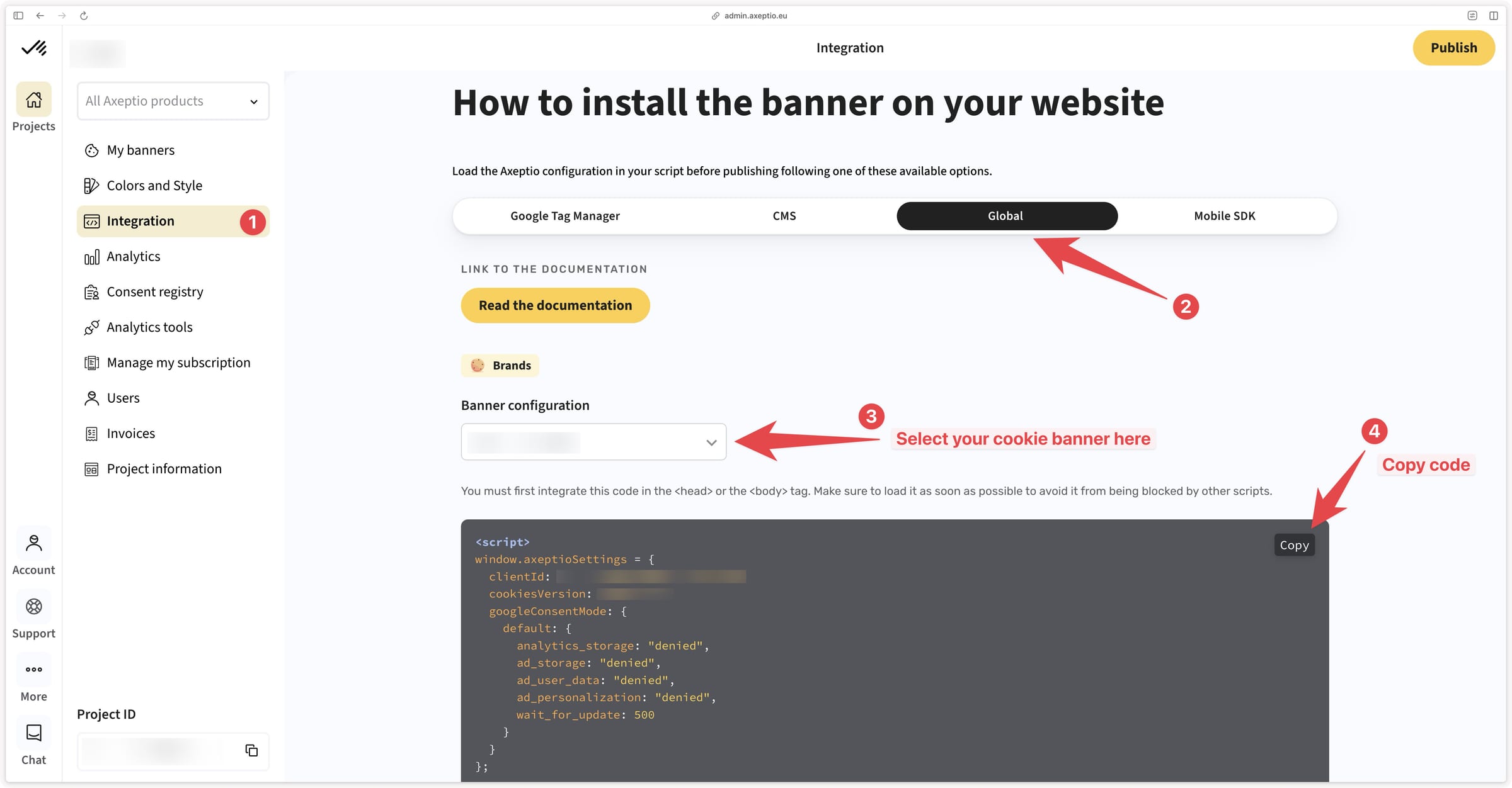 Integration section in the Axeptio admin