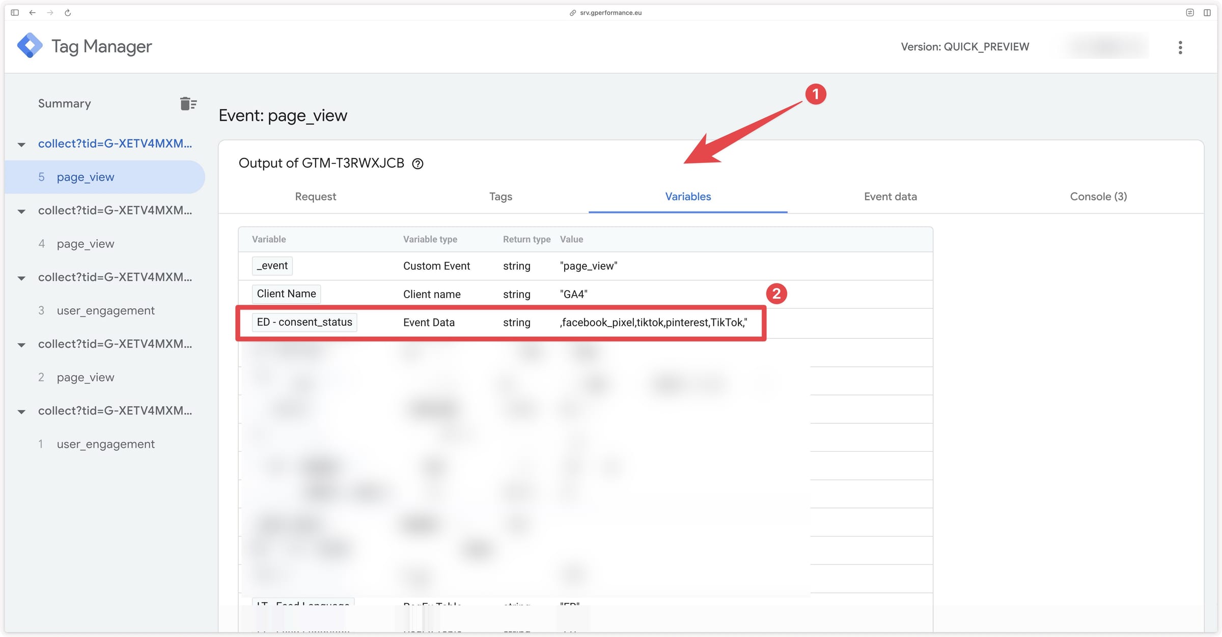 Verifying the consent update page_view event in the GTM Server preview