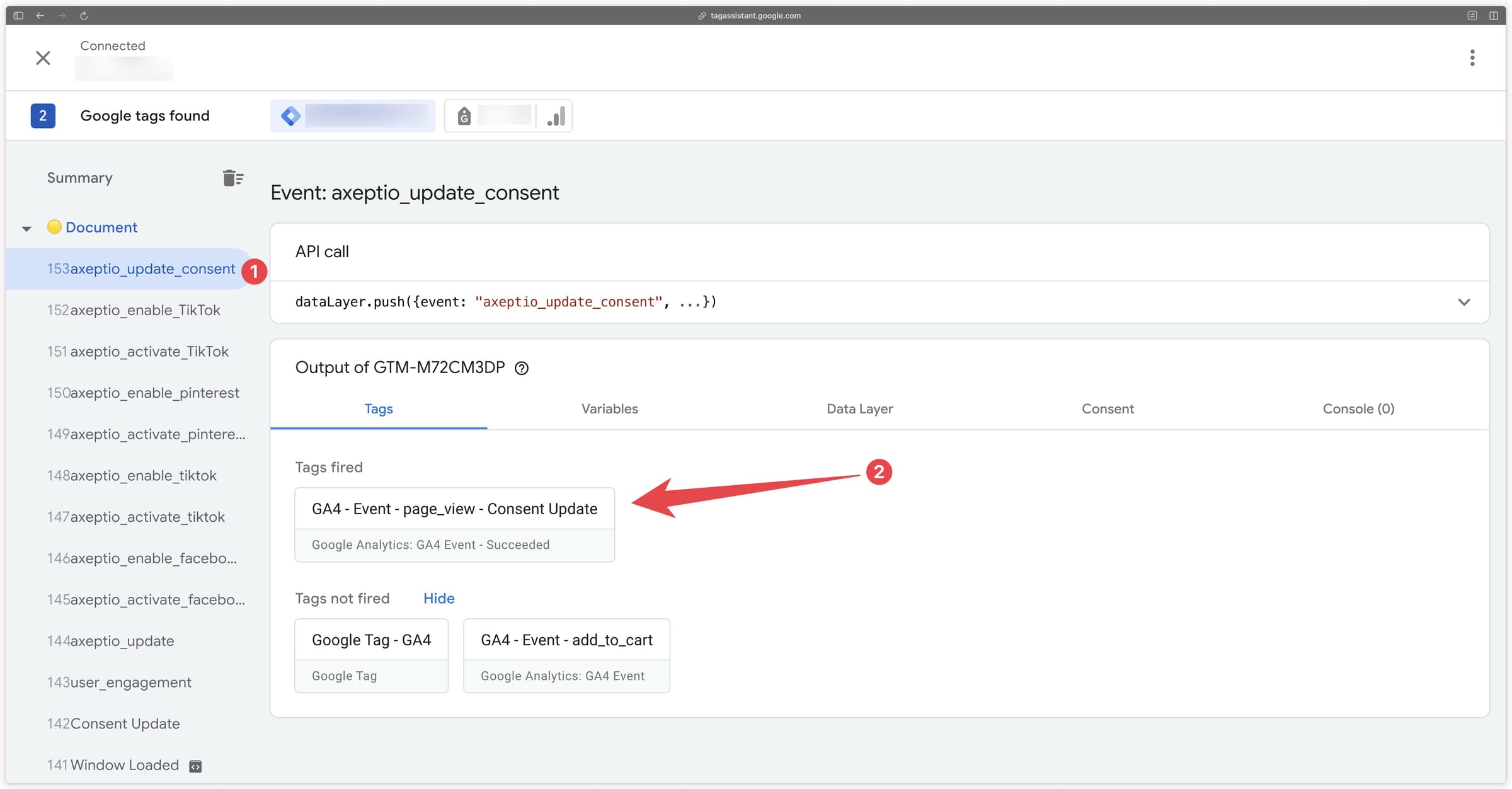 Verifying the GA4 consent update event tag in the GTM Web preview