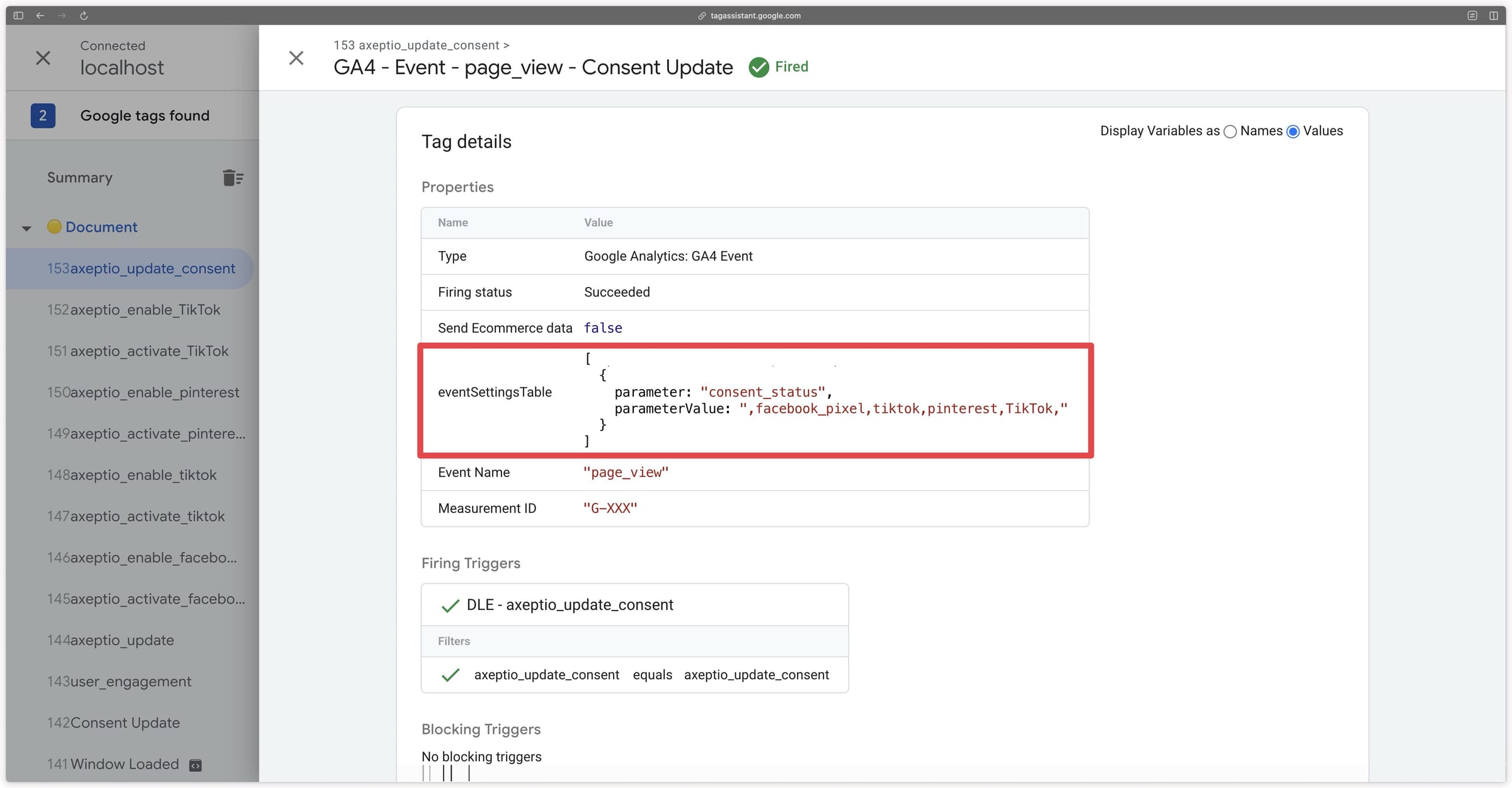 Verifying the consent_status parameter in the GA4 consent update event tag in the GTM Web preview