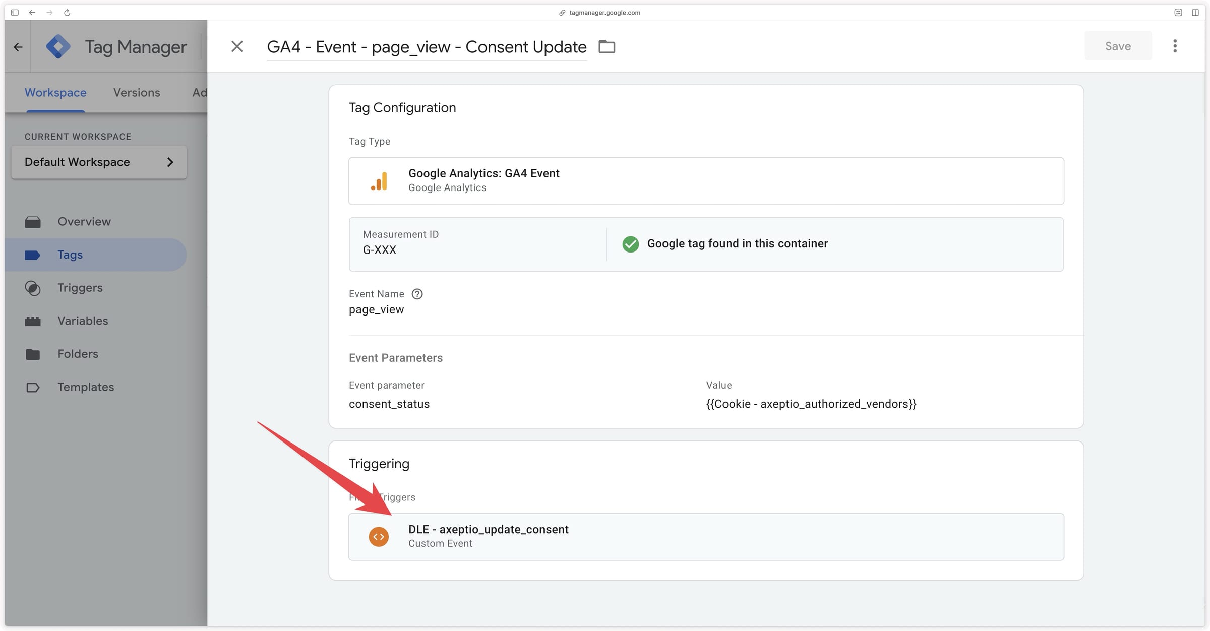 Triggering the GA4 event tag on the axeptio_update_consent dataLayer event