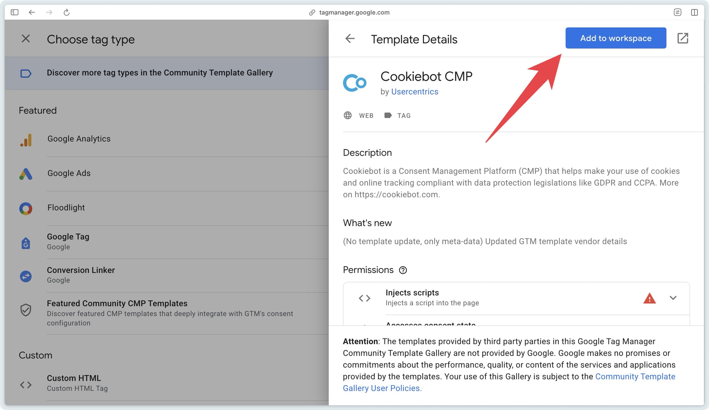 Add to workspace button in Google Tag Manager Web