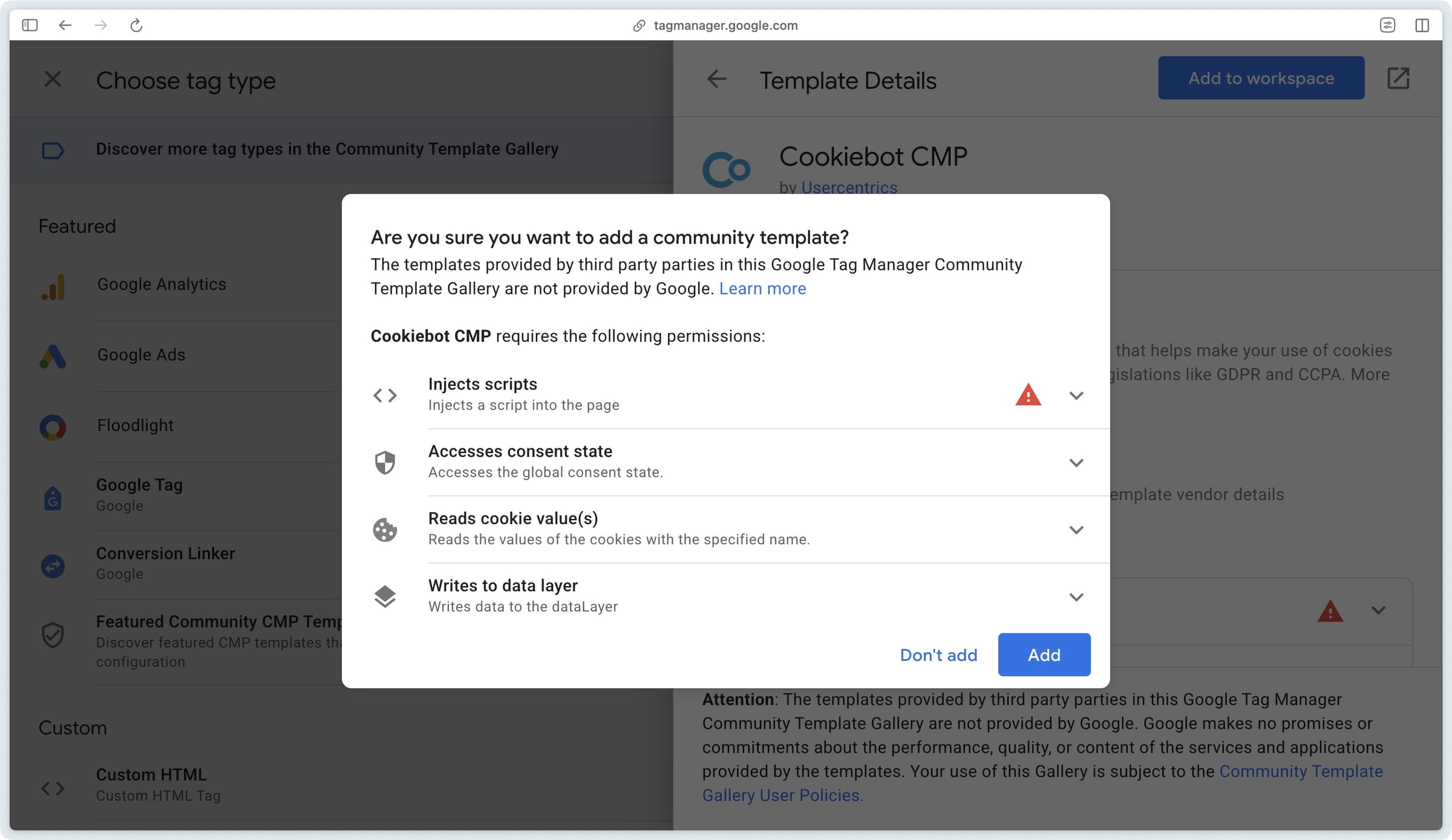 Confirmation pop-up for adding the Cookiebot CMP tag in GTM