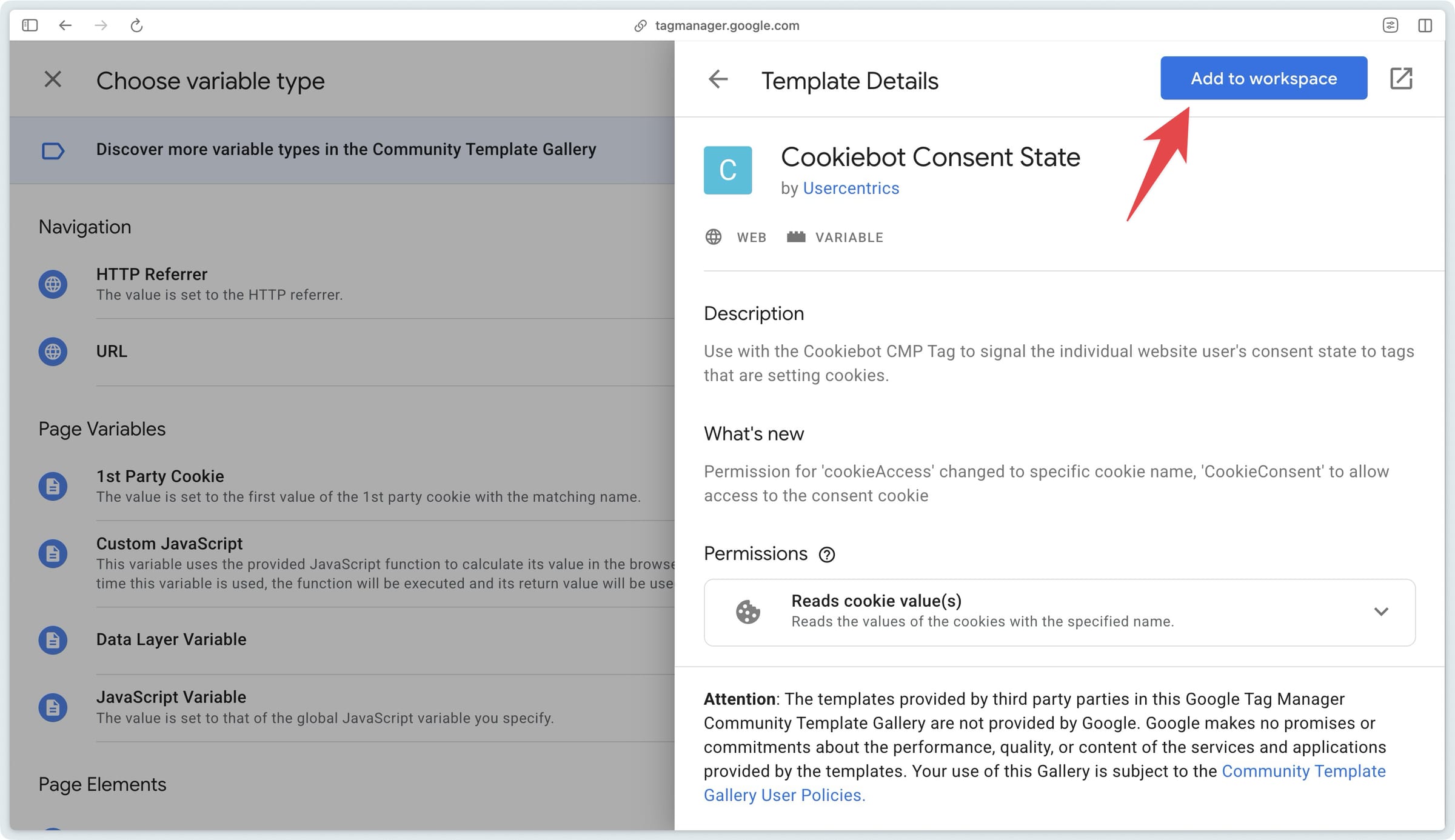 Adding the Cookiebot Consent State variable to your GTM workspace