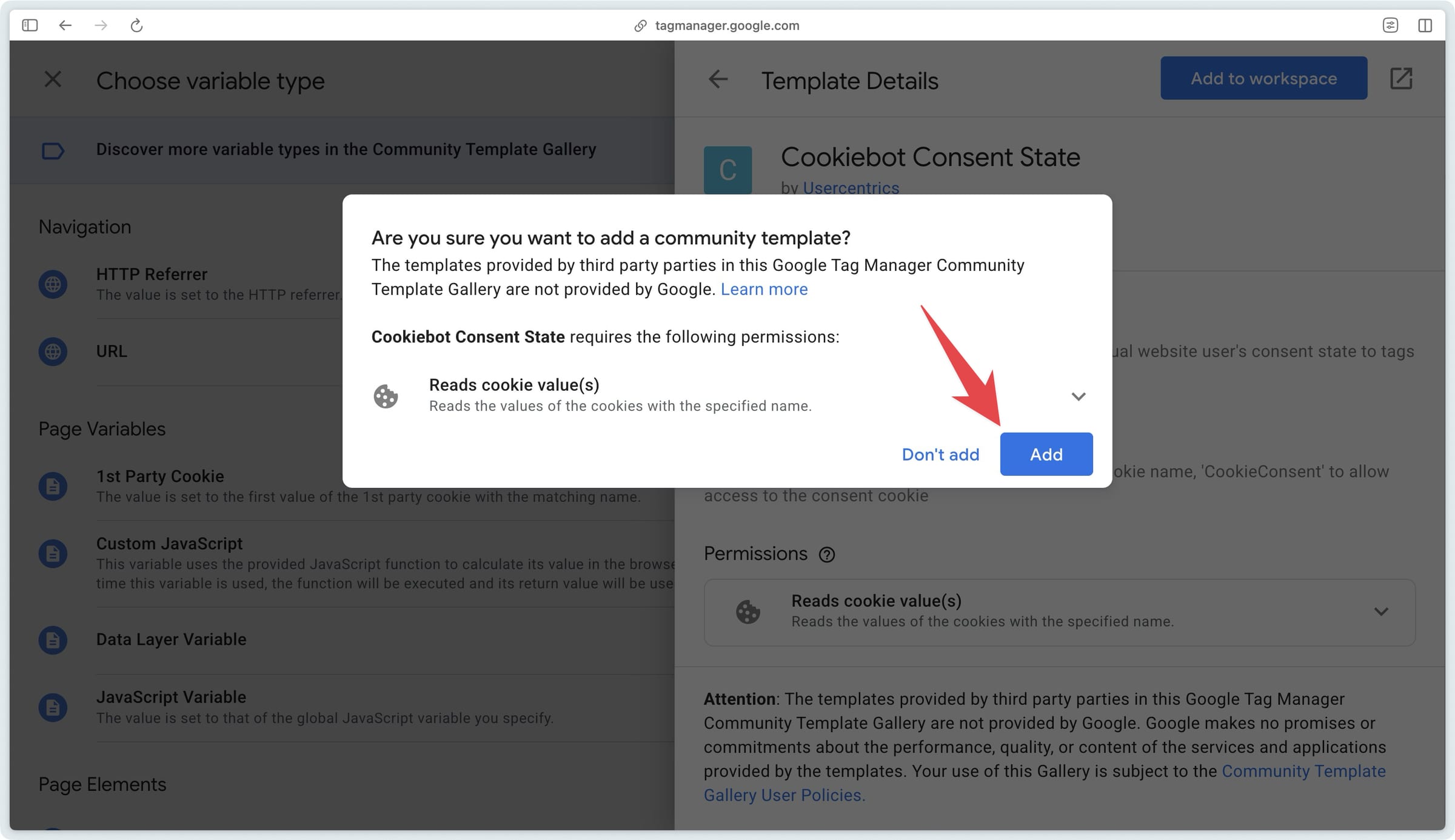 Confirmation pop-up for adding the Cookiebot Consent State variable in GTM