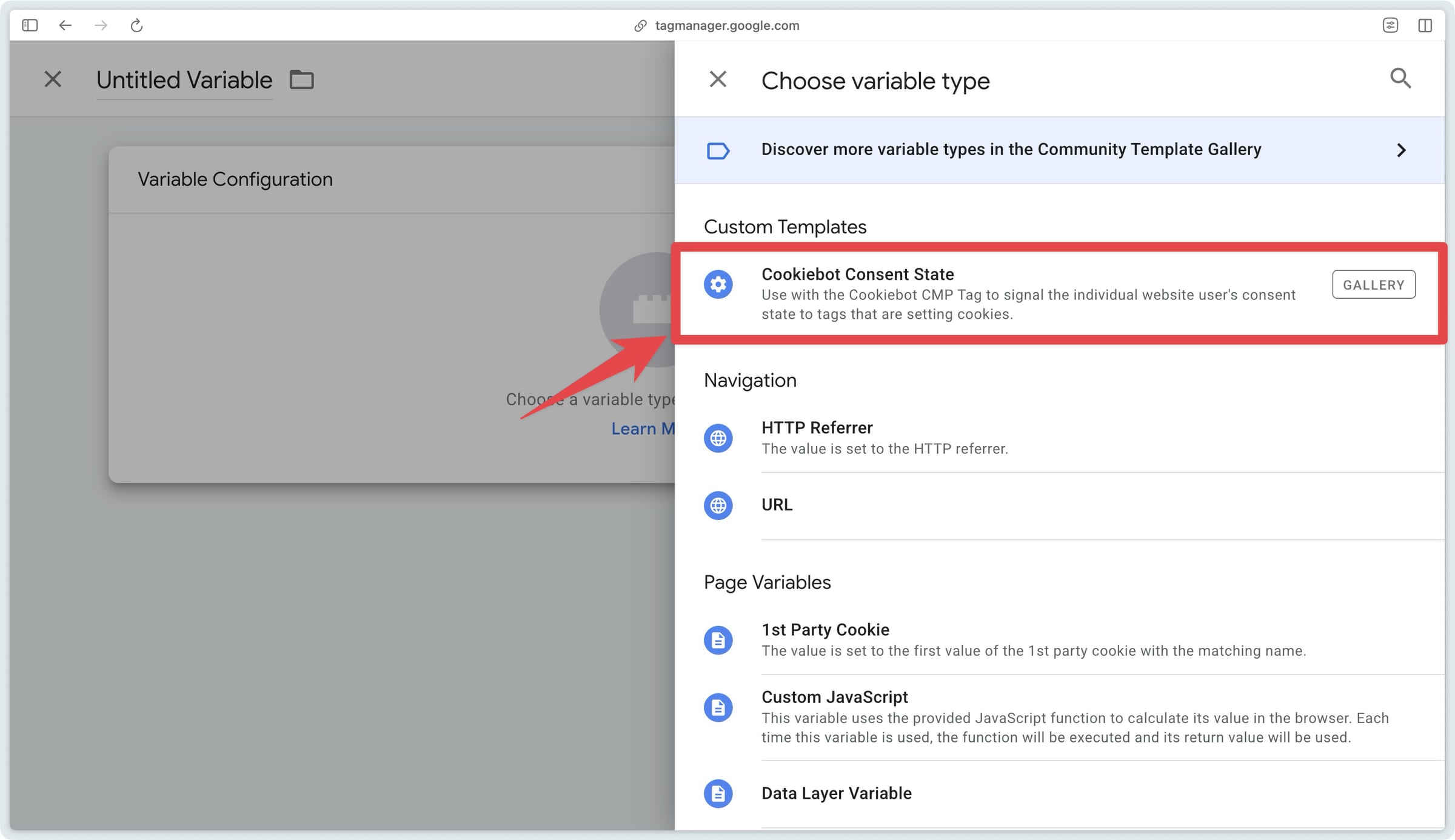 Selecting the Cookiebot Consent State template to create a new variable in GTM