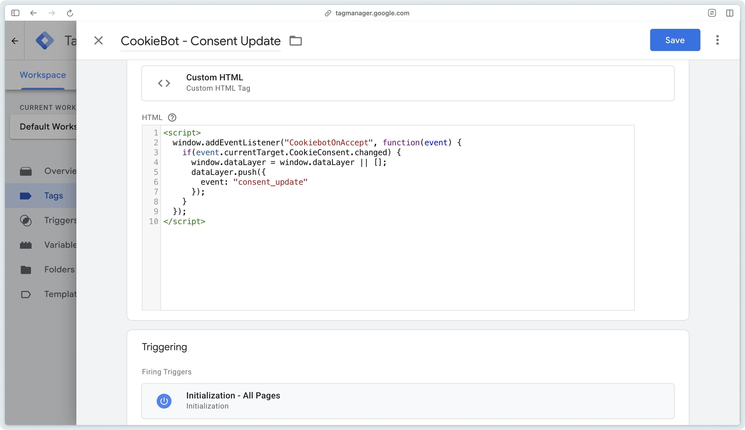 Triggering the Cookiebot CMP tag on Consent Initialization - All Pages