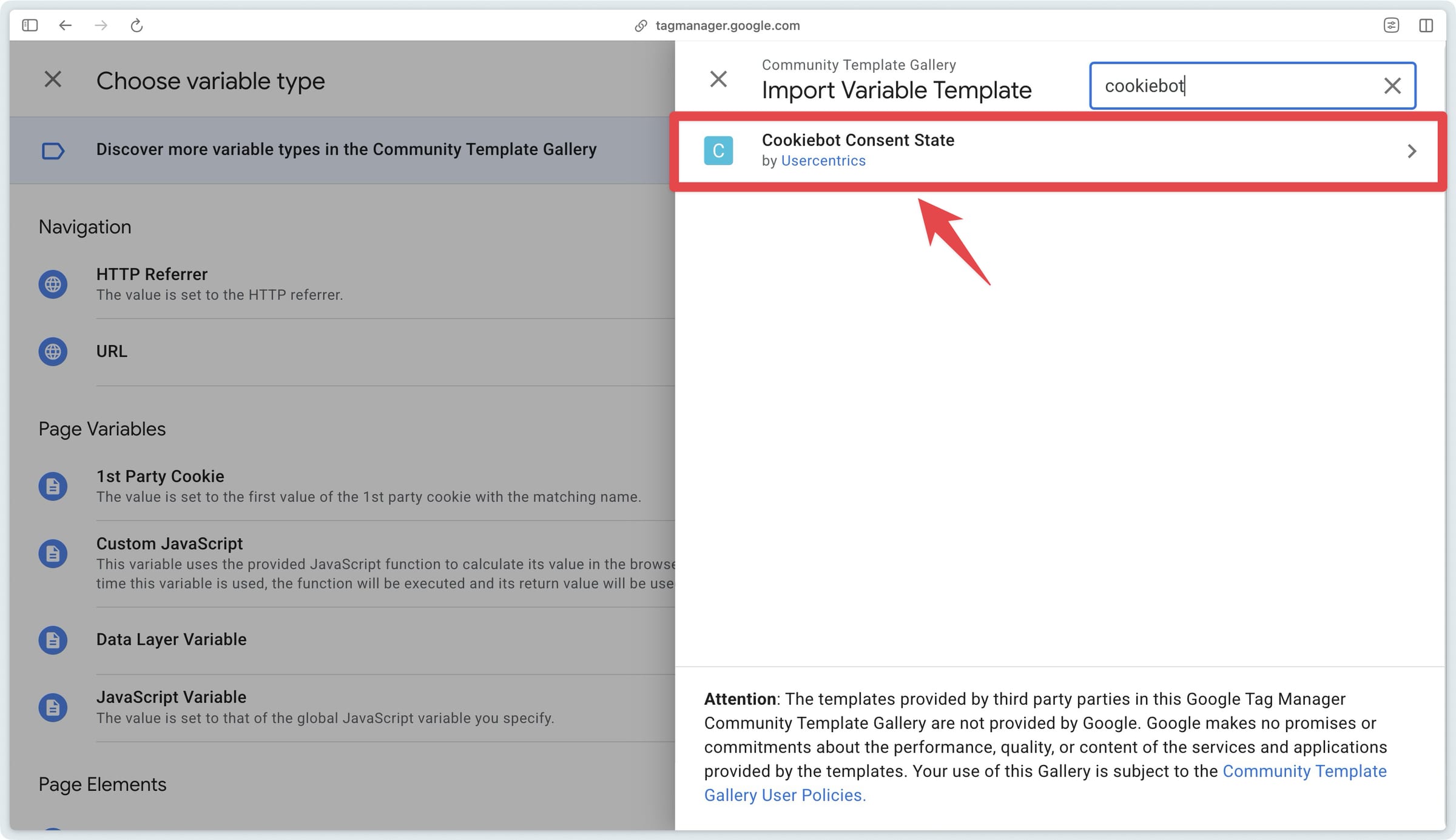 Searching for and selecting the Cookiebot Consent State template in the variable template gallery