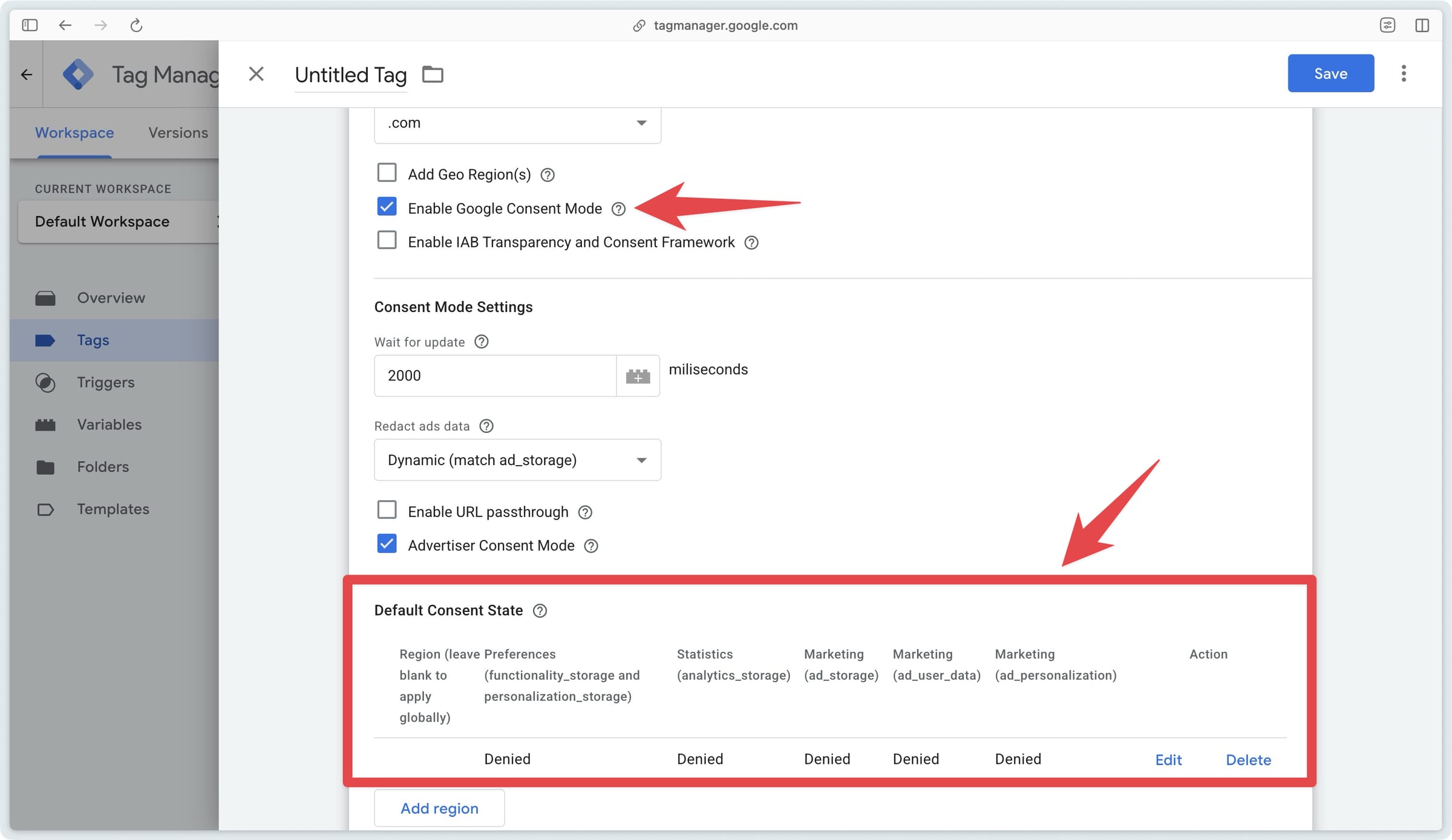 Consent Mode configuration in the Cookiebot CMP tag