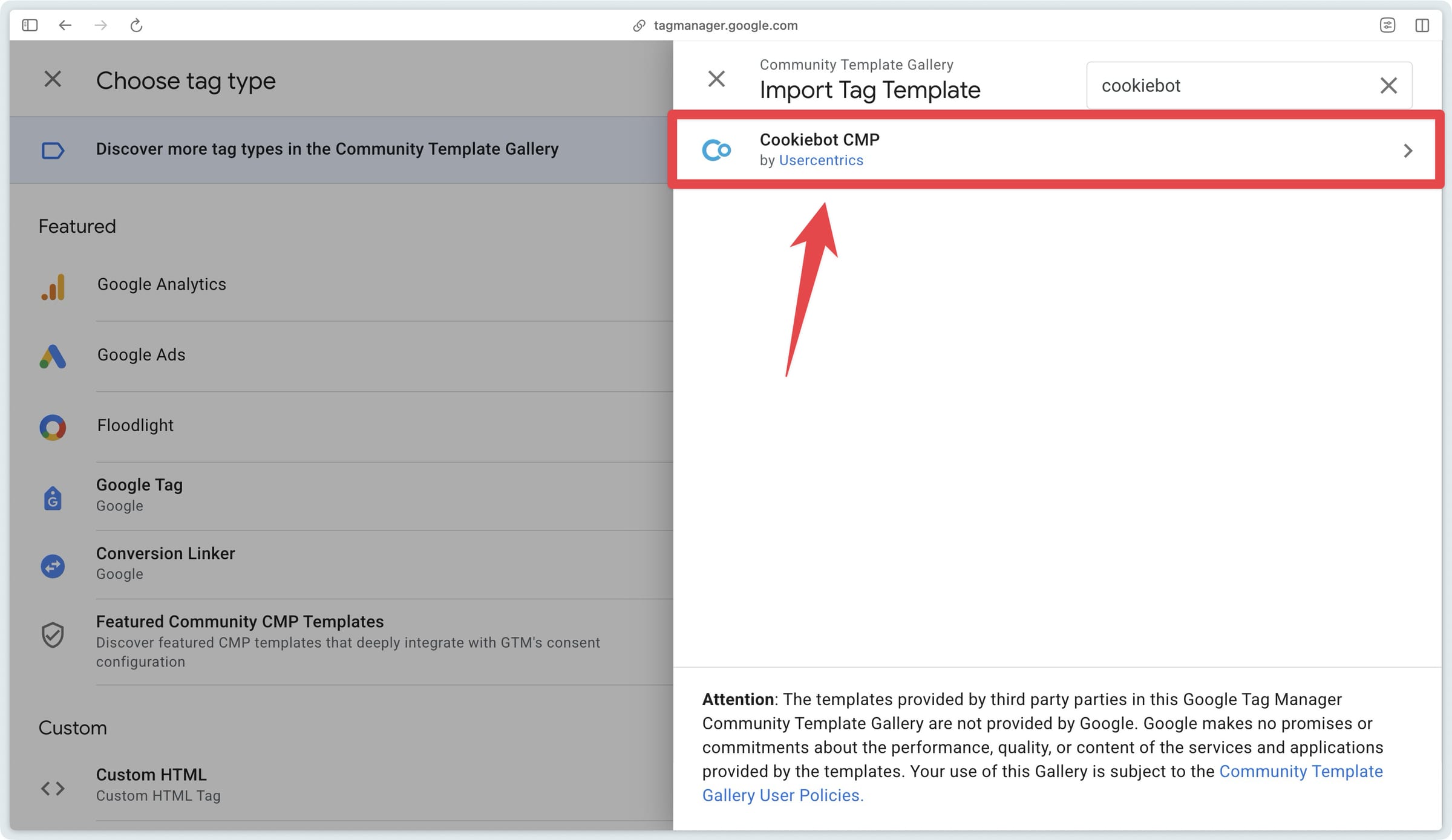 Cookiebot CMP tag found in the tag template gallery