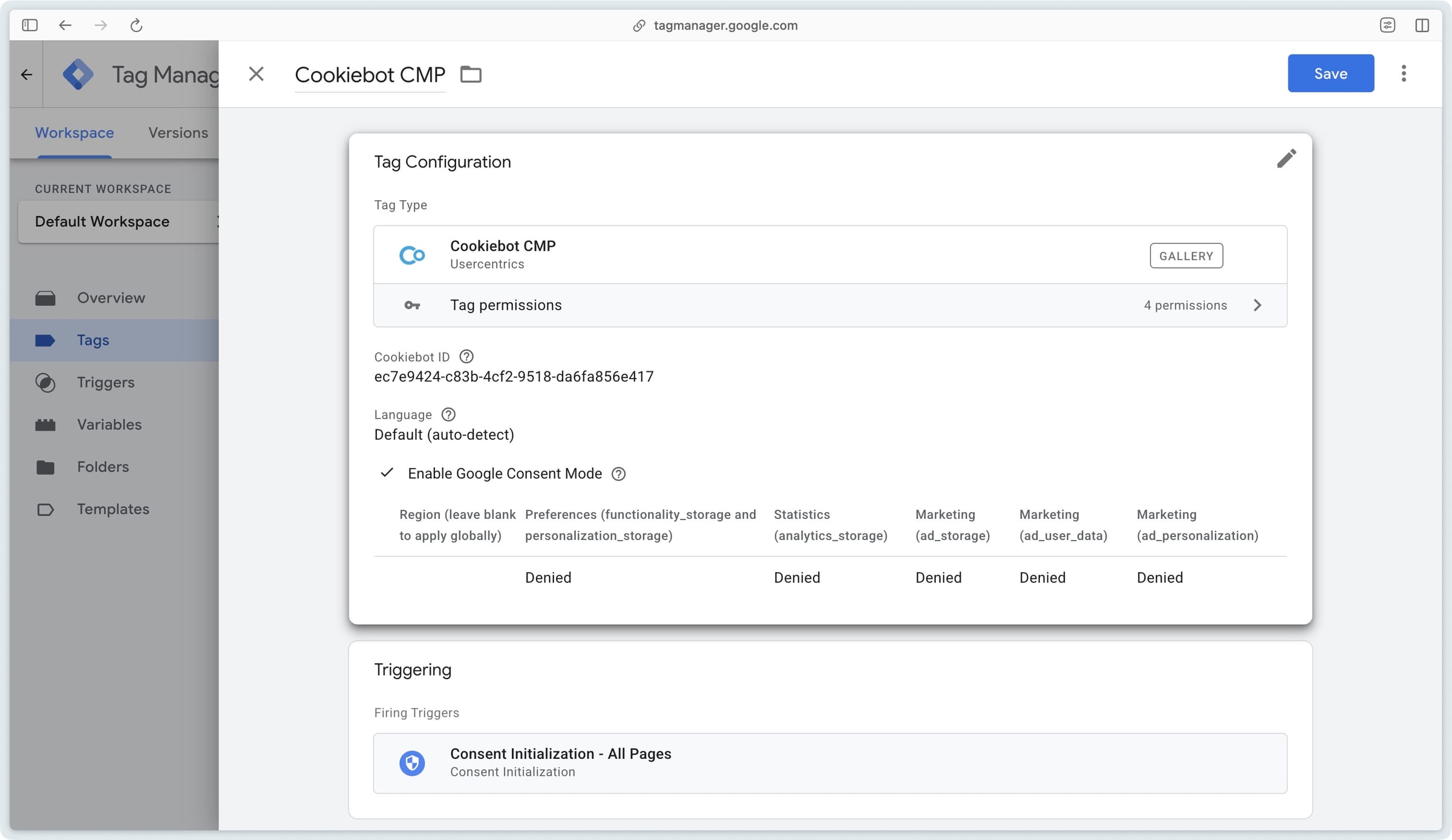 Triggering the Cookiebot CMP tag on Consent Initialization - All Pages