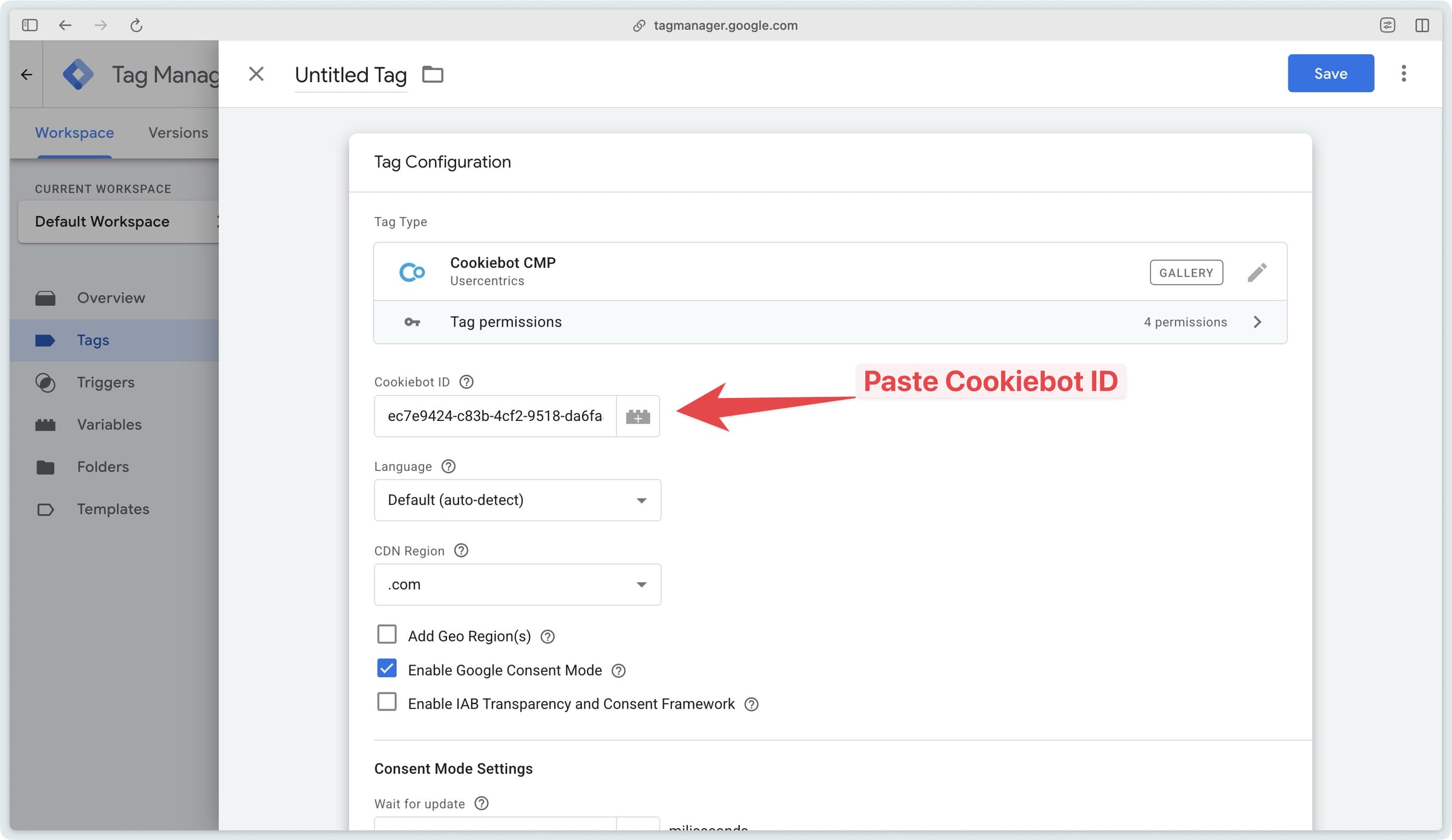 Cookiebot CMP tag with the Cookiebot ID configured