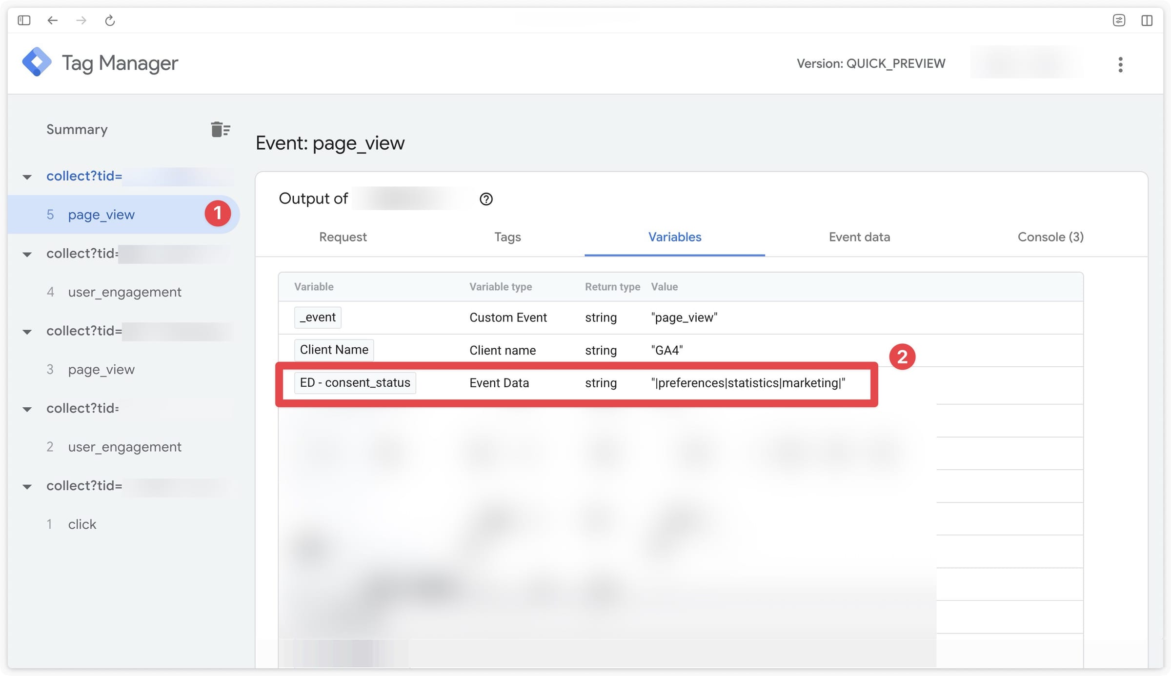 Verifying the consent update page_view event in the GTM Server preview