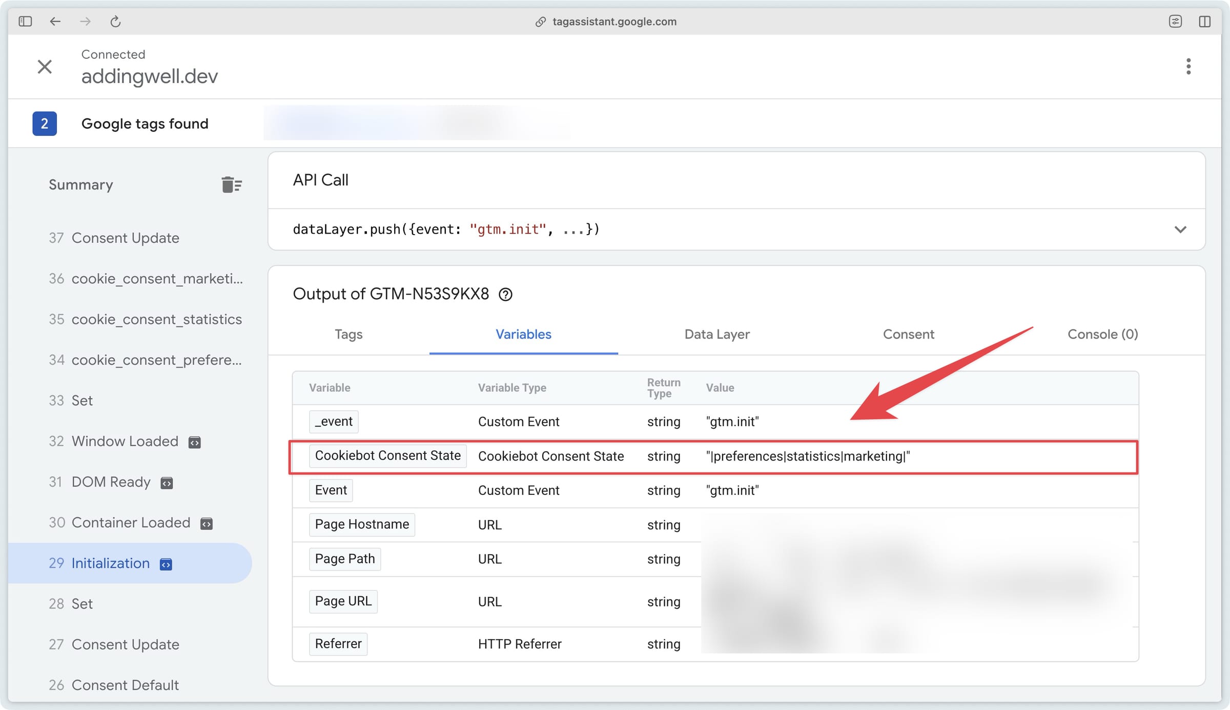 Verifying the Cookiebot Consent State variable in the GTM Web preview