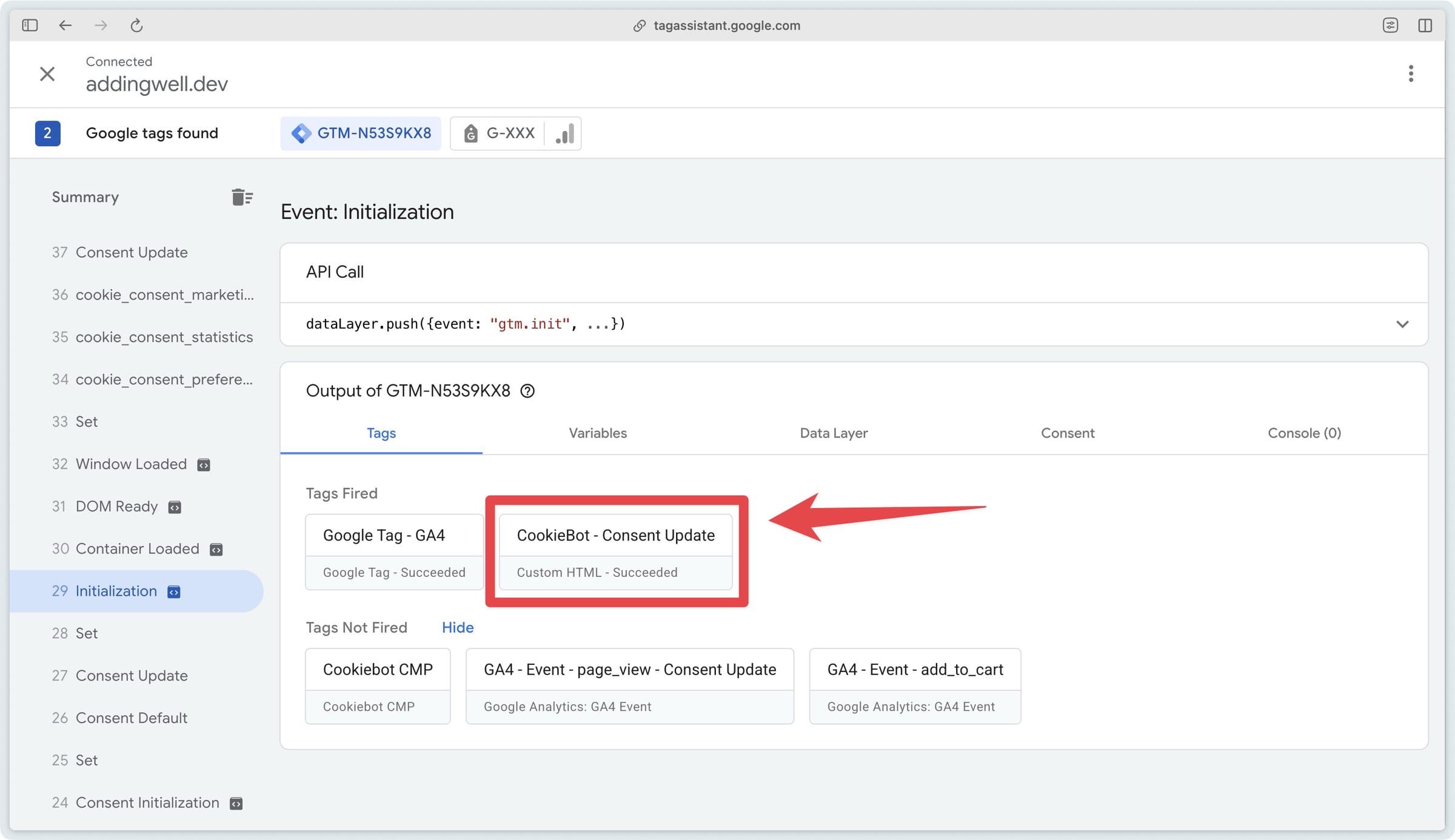 Verifying the firing of the CookiebotOnAccept Custom HTML tag in the GTM Web preview