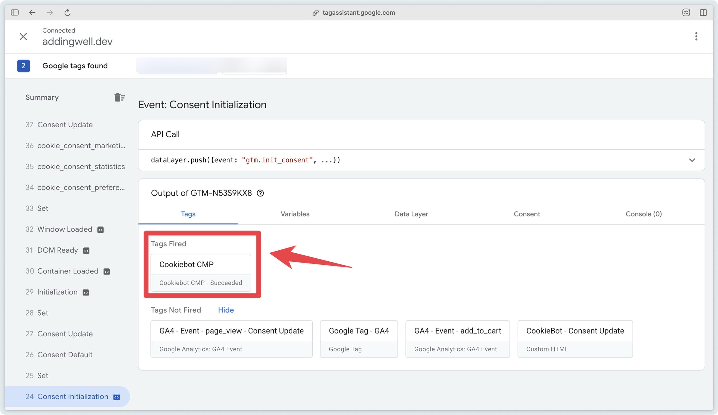 Verifying the firing of the Cookiebot CMP tag in the GTM Web preview