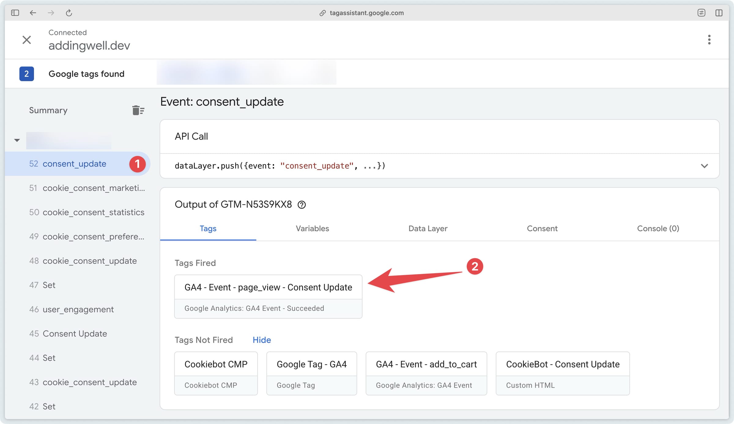 Verifying the GA4 consent update event tag in the GTM Web preview