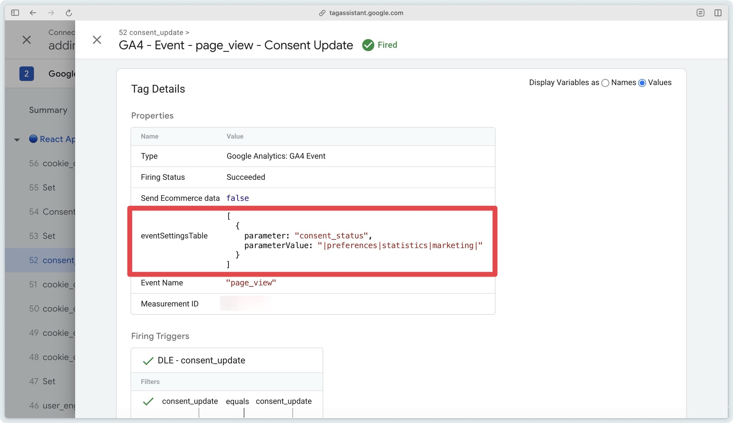 Verifying the consent_status parameter in the GA4 consent update event tag in the GTM Web preview