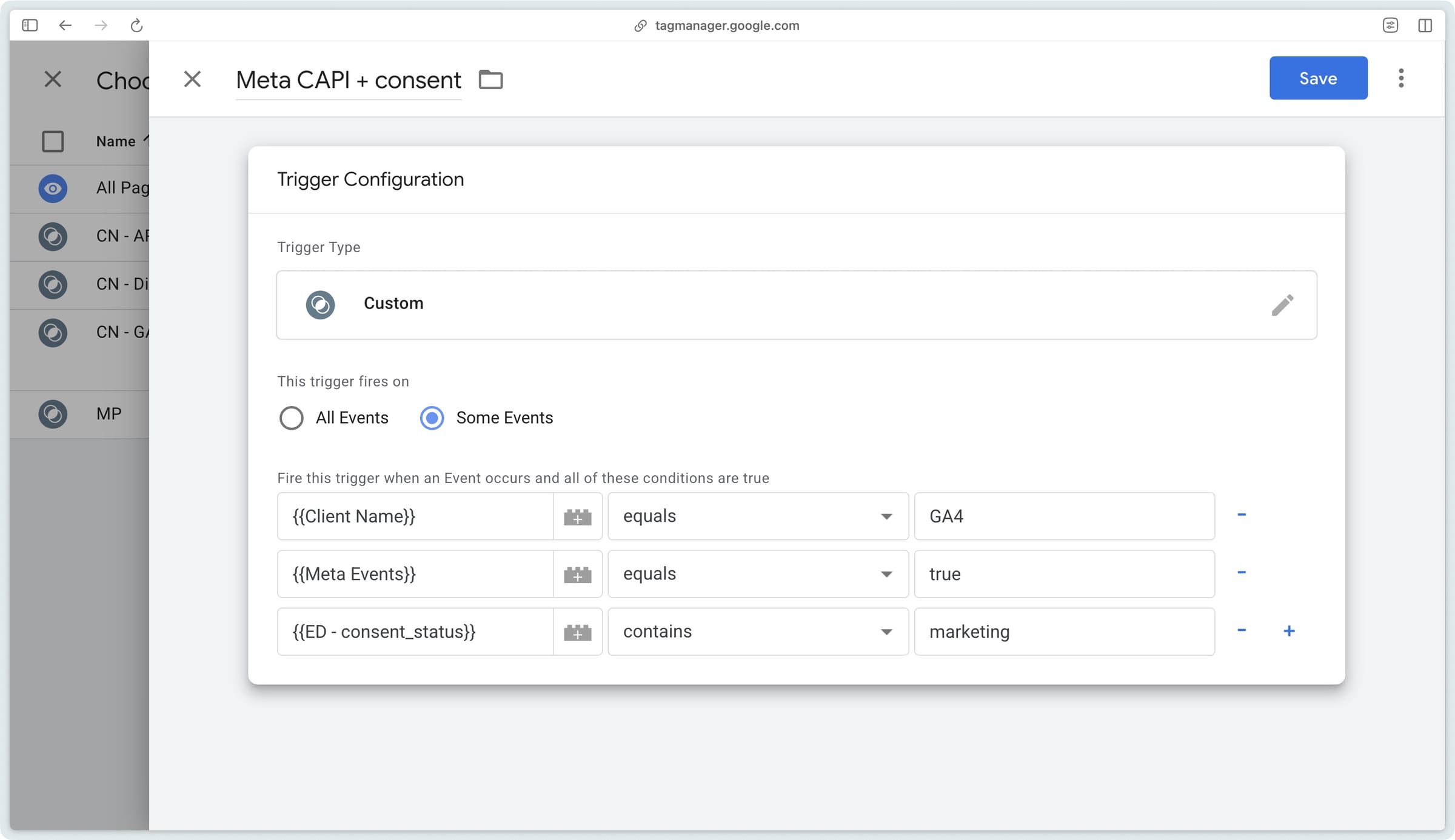 Configuring the trigger for the Meta Conversion API tag based on Cookiebot consent state
