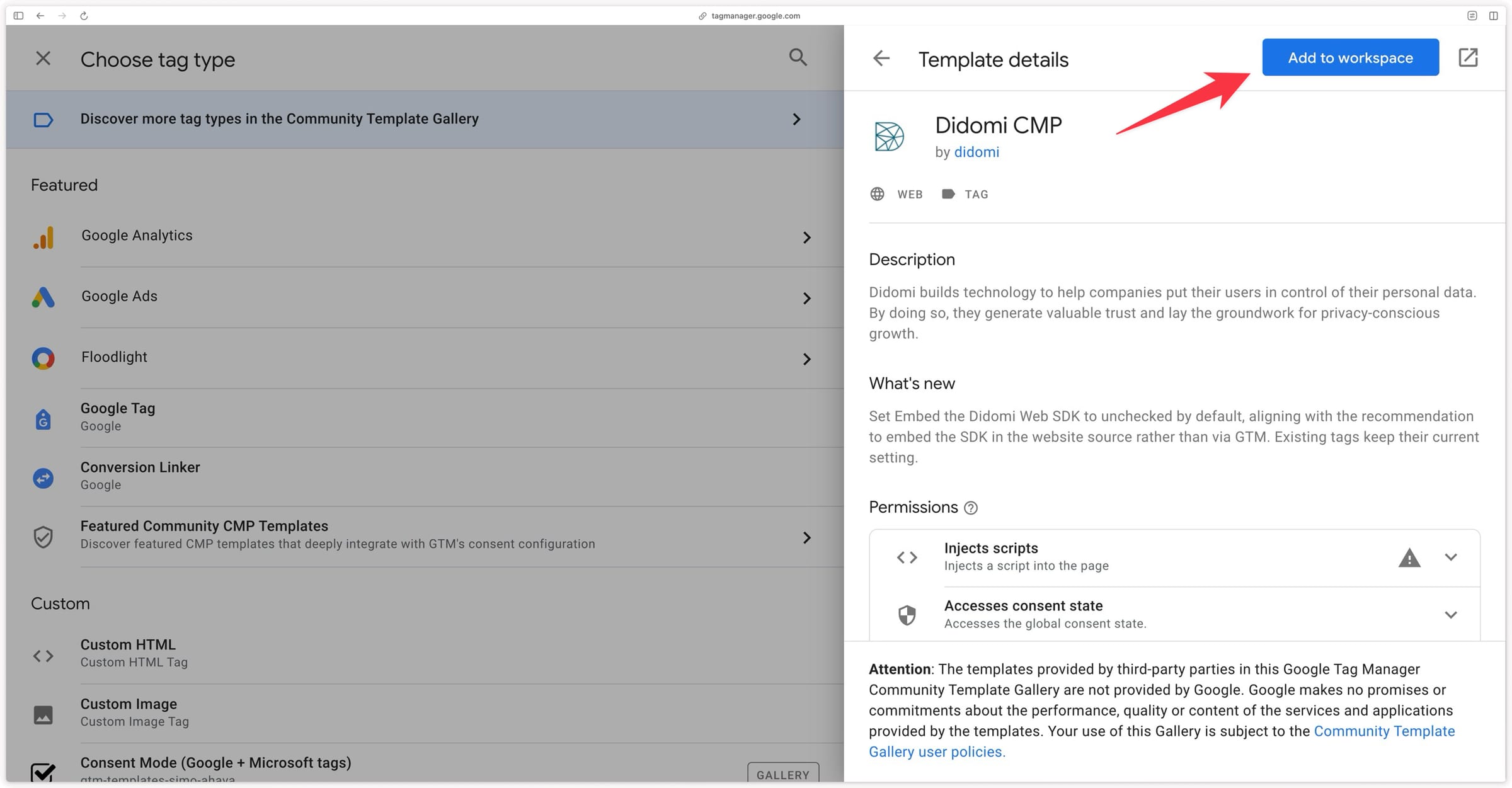 Add to workspace button for the Didomi CMP template in the GTM gallery