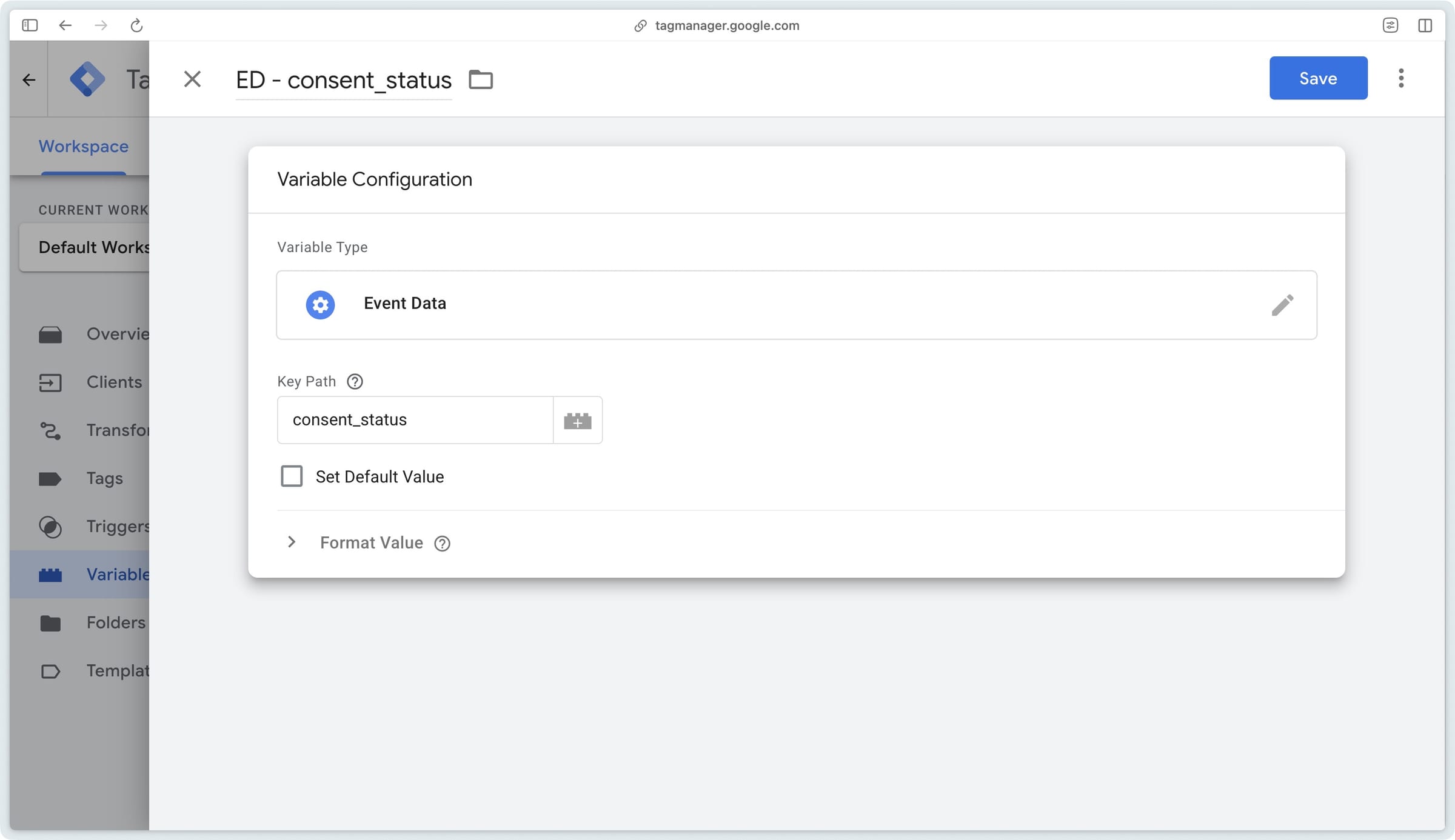 Creating the Event Data variable to retrieve the consent_status parameter in GTM Server