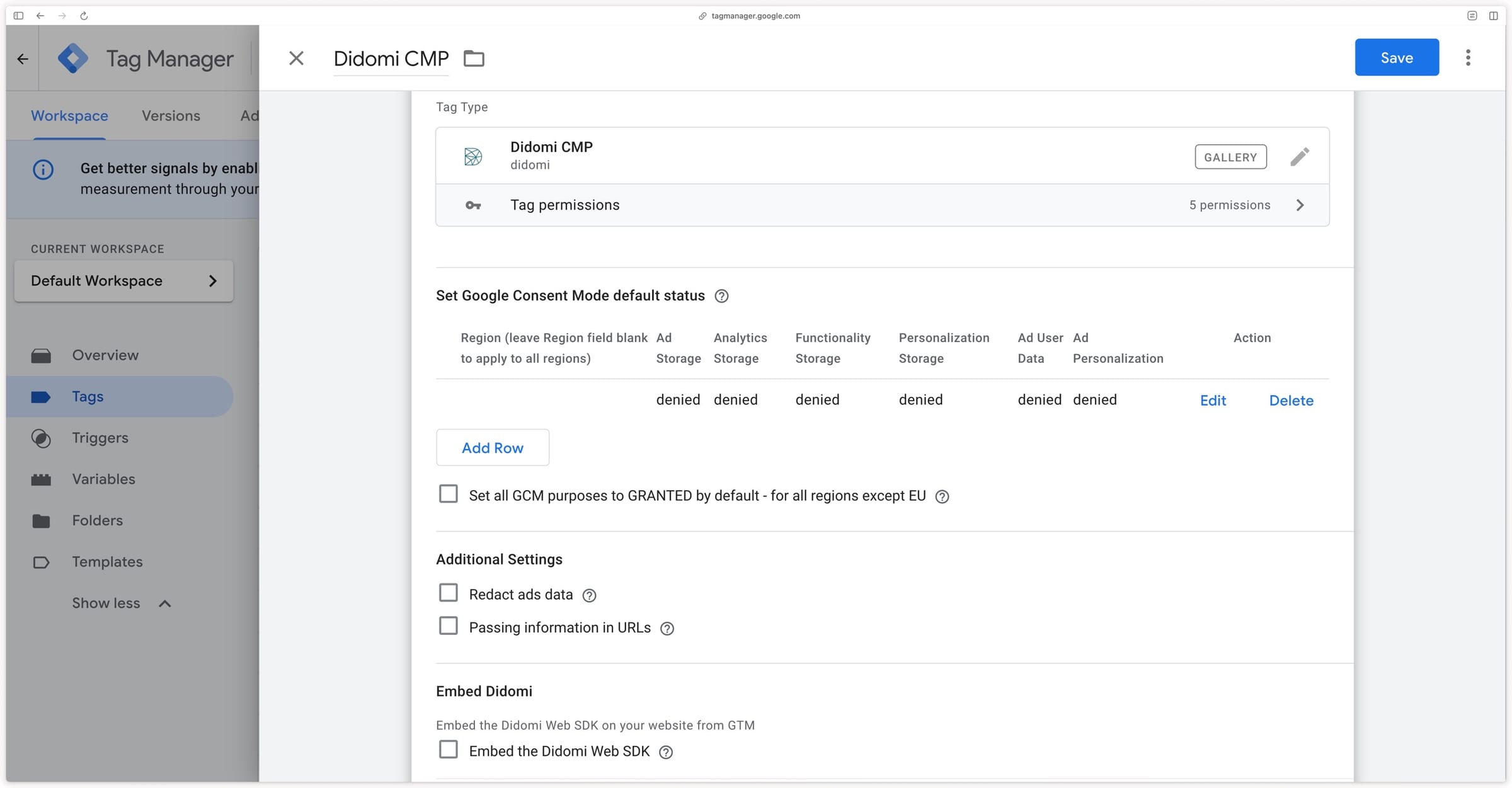 Didomi CMP tag configuration in GTM Web