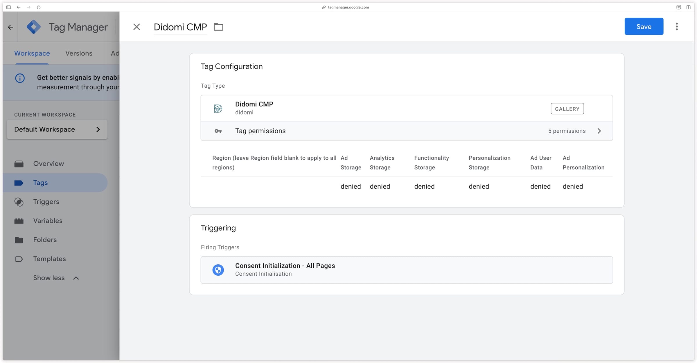 Triggering the Didomi CMP tag on Consent Initialization - All Pages