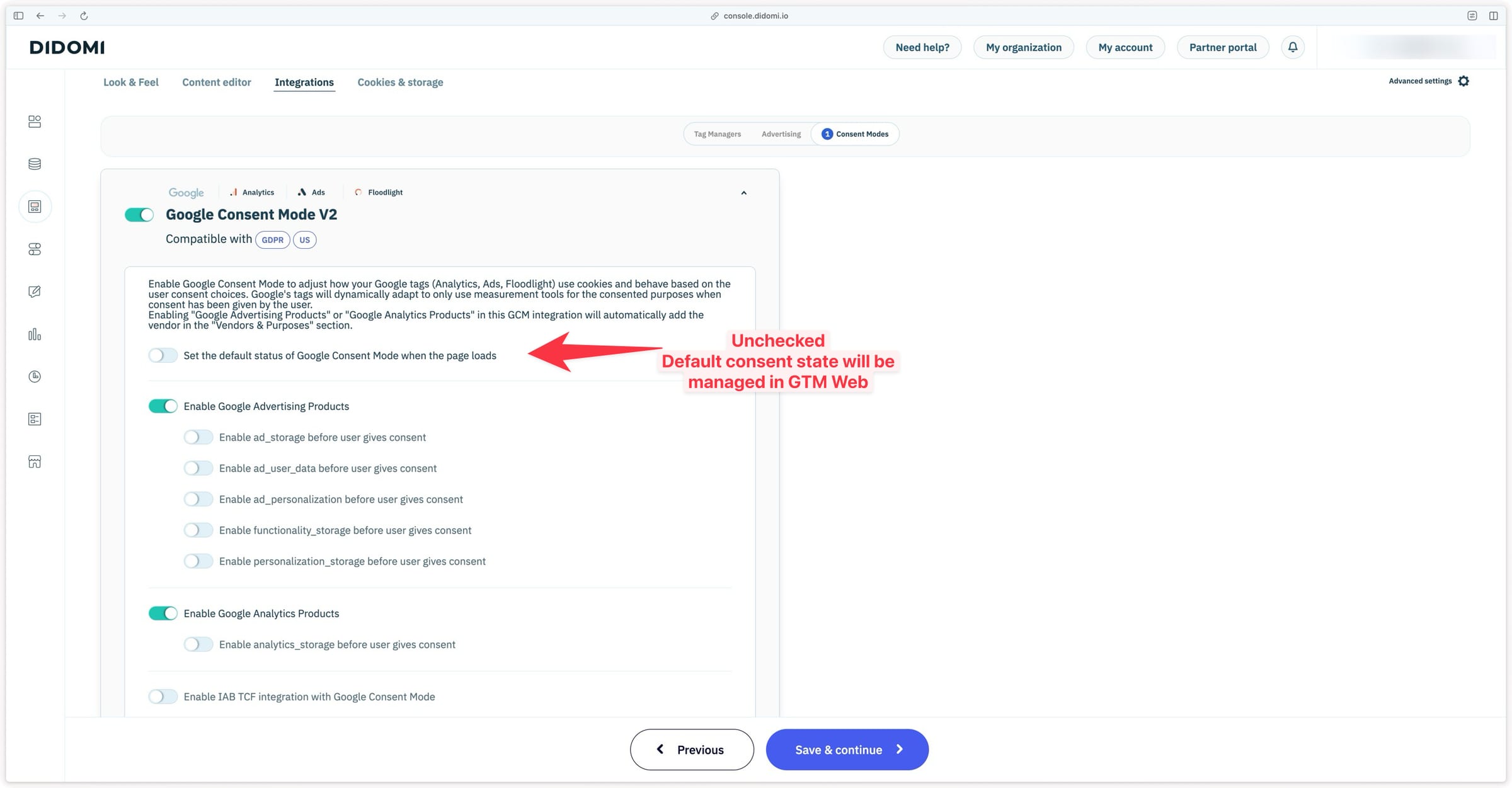 Consent Mode V2 configuration in Didomi