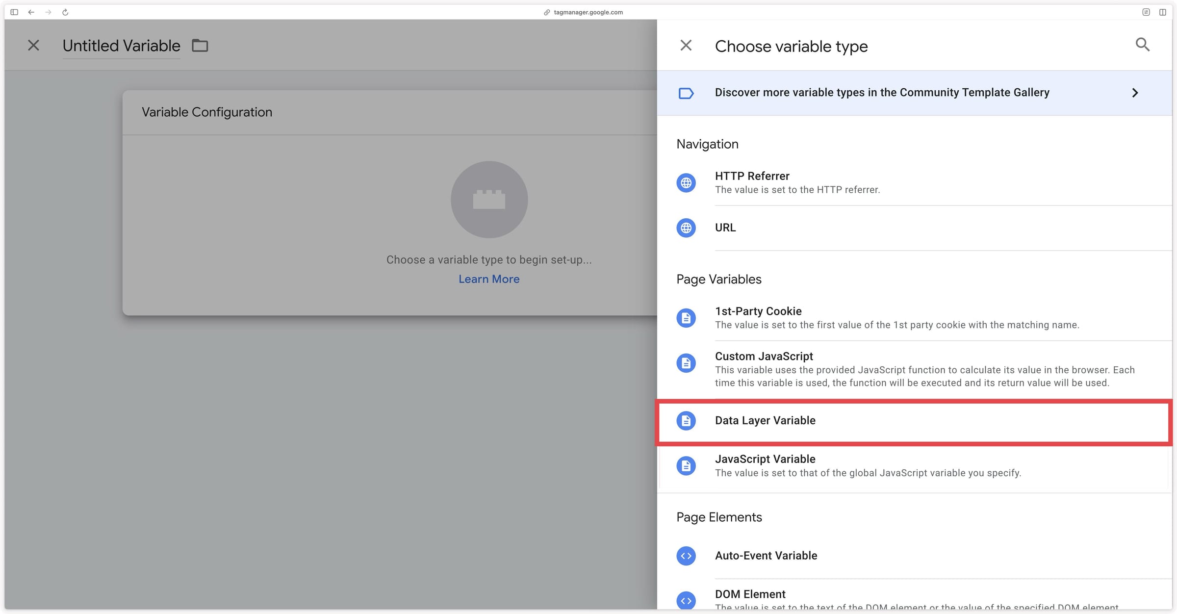 Selecting the Data Layer Variable type to create a new variable in GTM