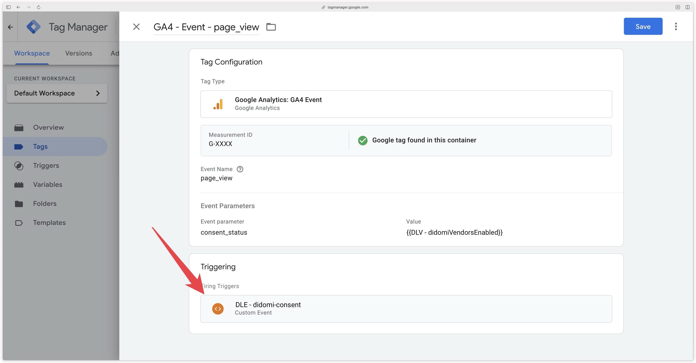 GA4 page_view event tag triggered on the didomi-consent event