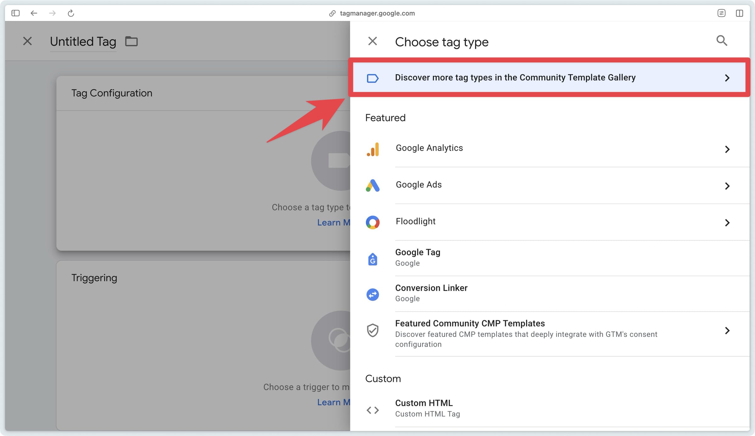 Blue banner to access the tag template gallery in GTM