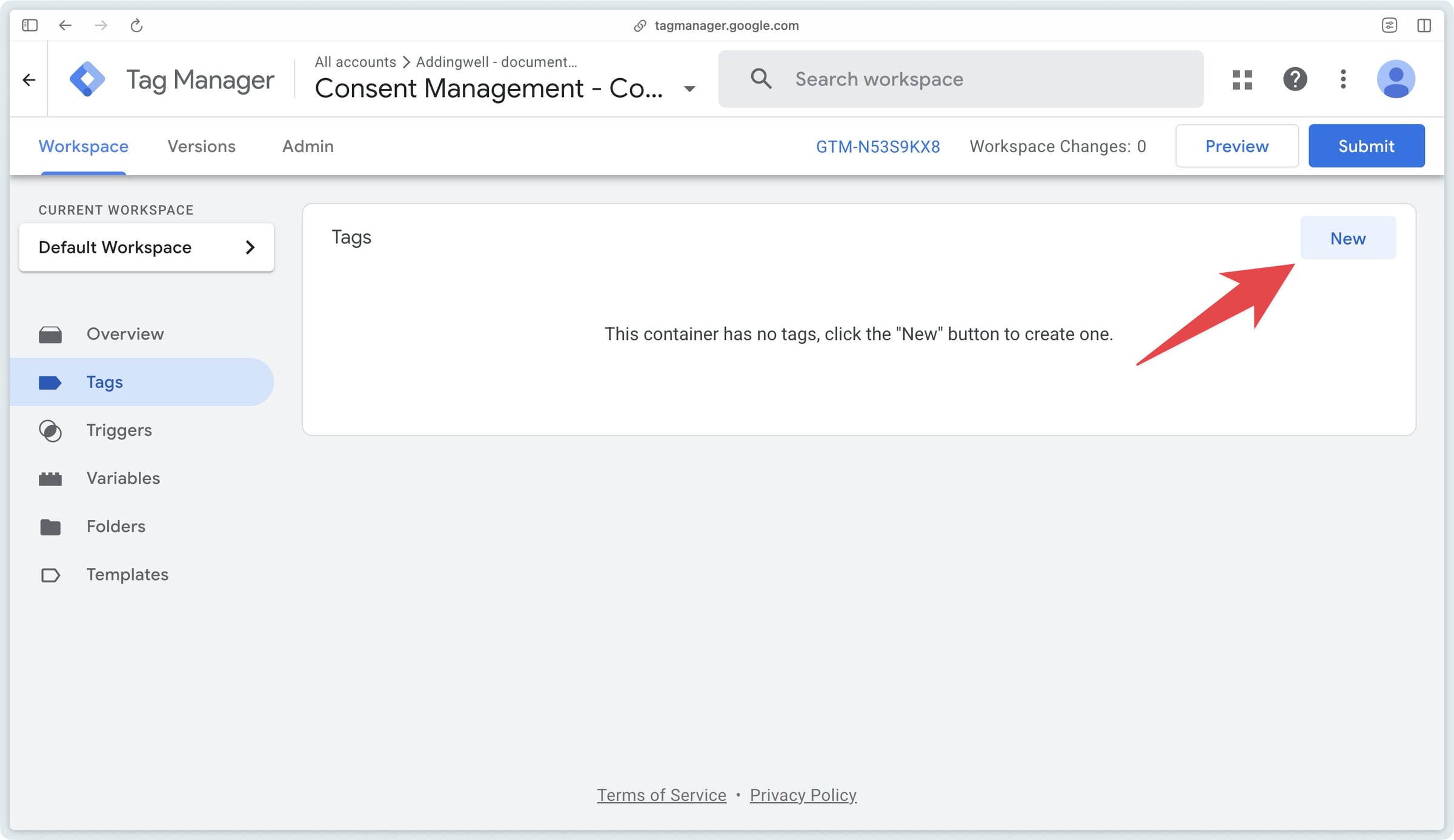 Button to add a new tag in GTM