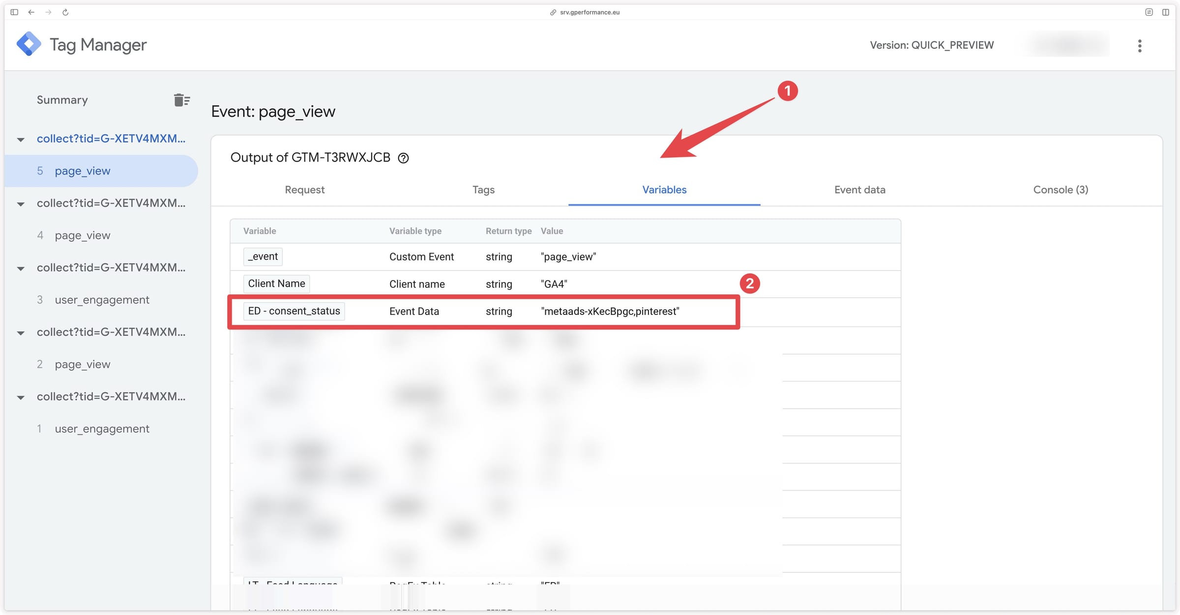 Verifying the page_view event and the consent_status parameter in the GTM Server preview