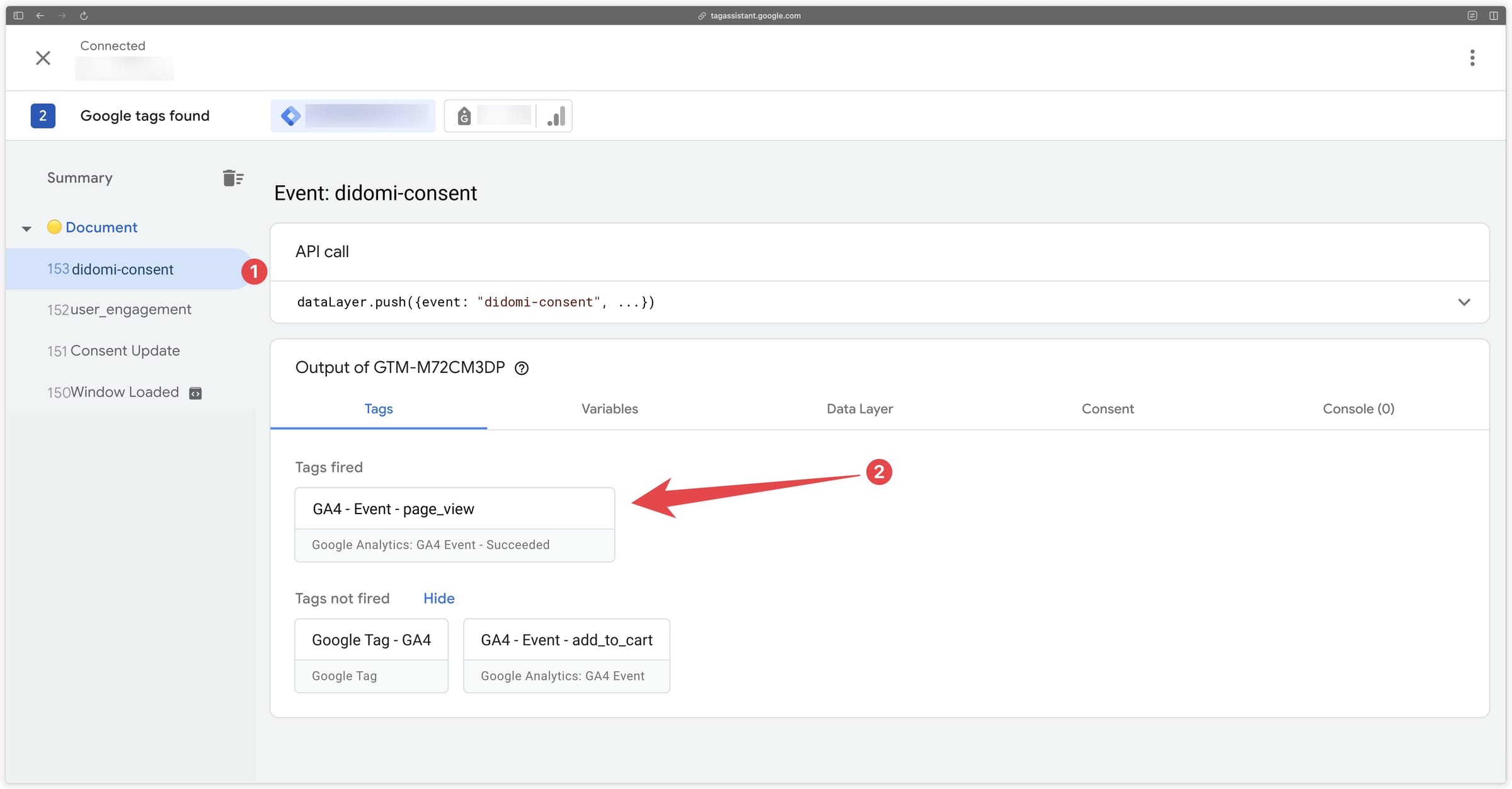 Verifying the GA4 page_view event tag triggered on didomi-consent in the GTM Web preview