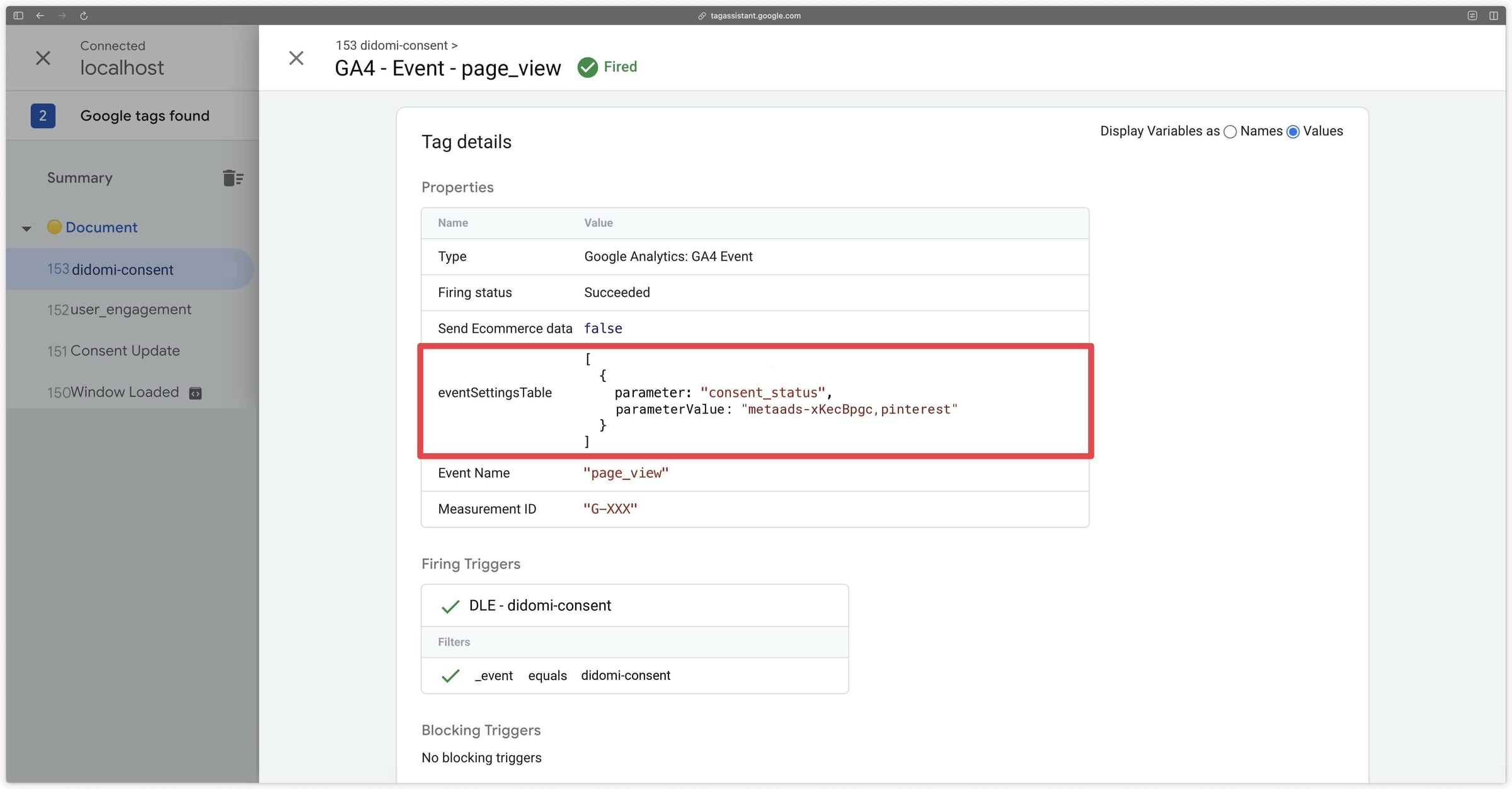 Verifying the consent_status parameter in the GA4 page_view event tag in the GTM Web preview