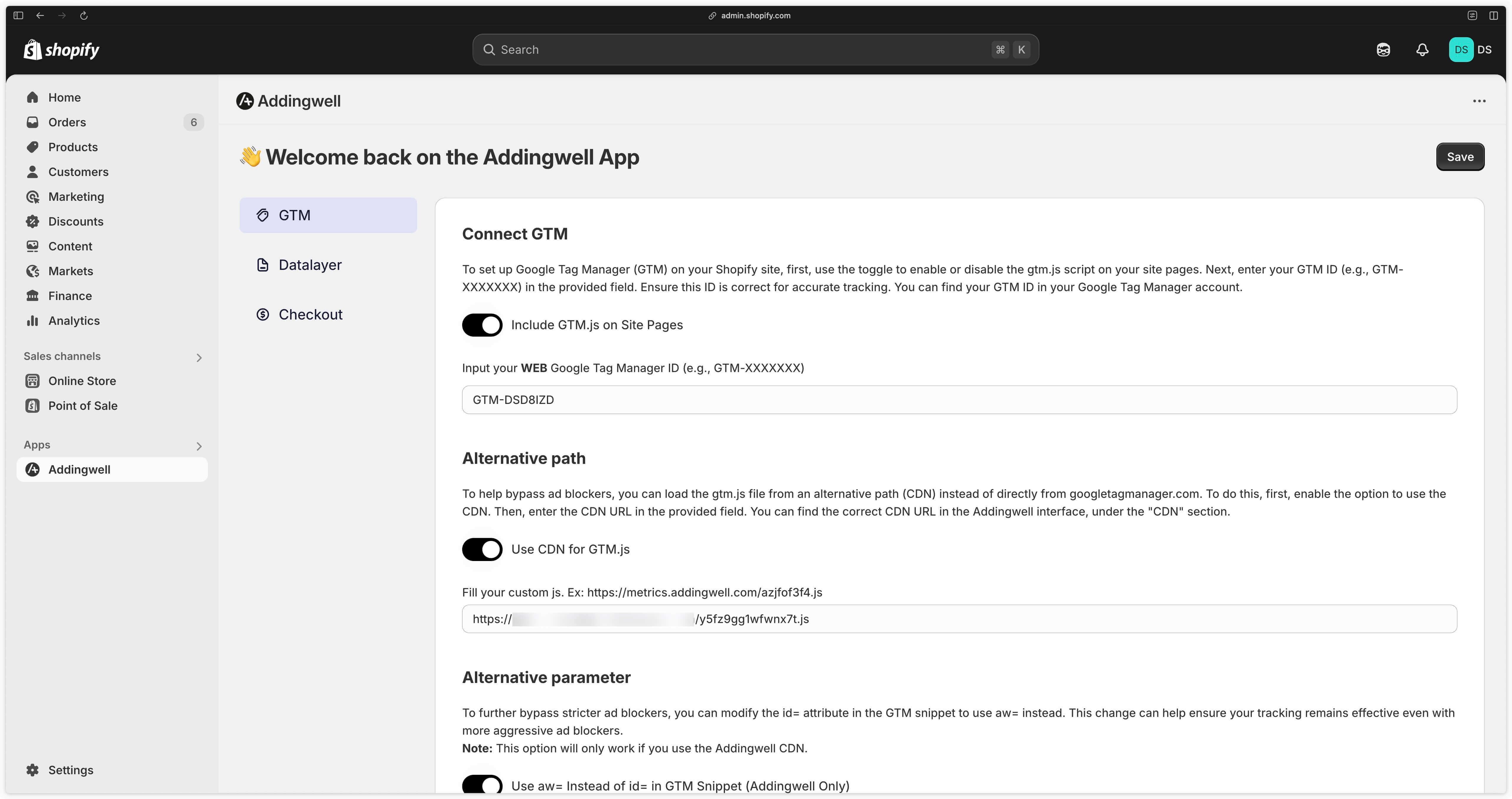 Addingwell app configuration screen after onboarding