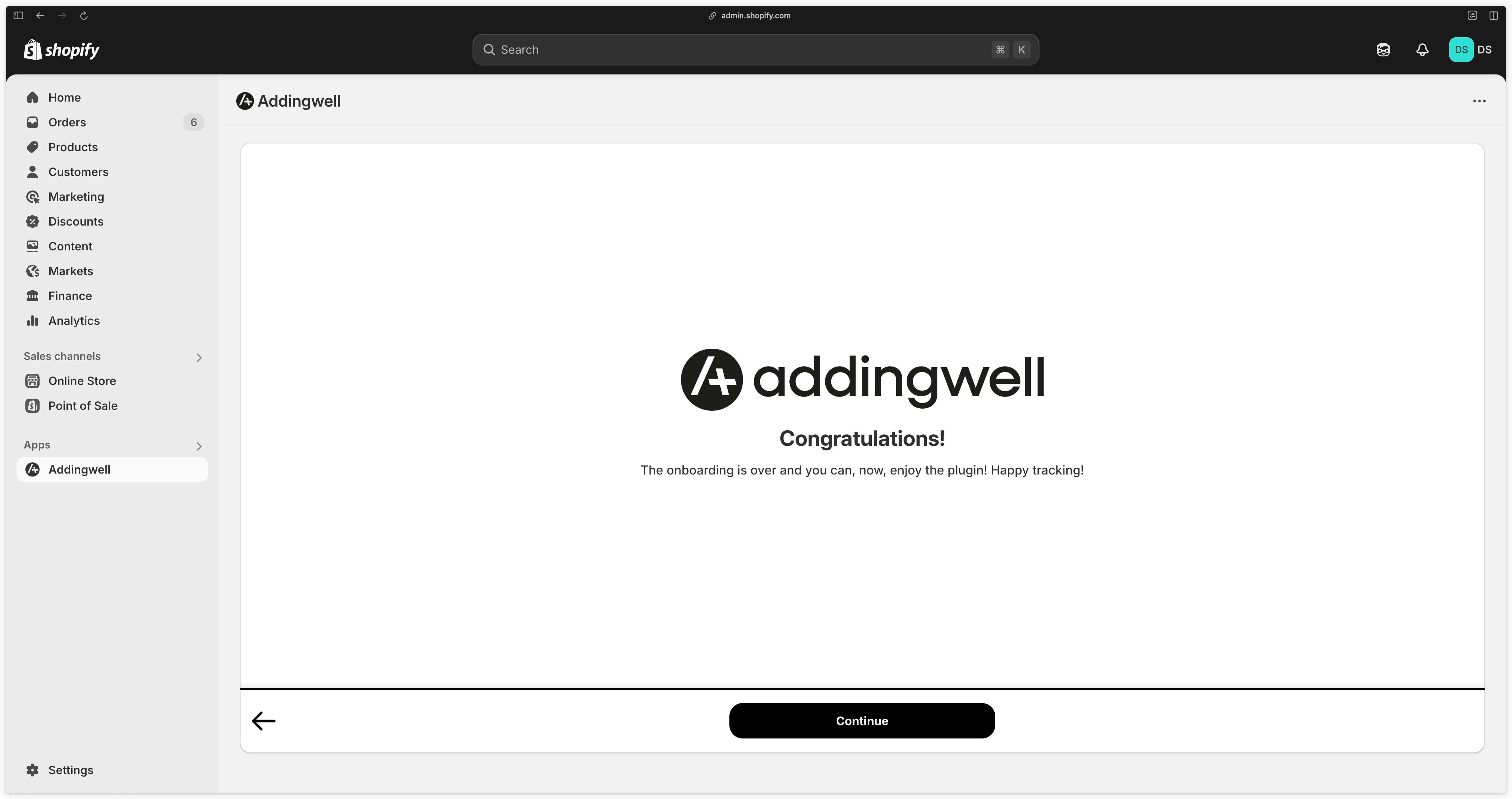 Shopify Addingwell app onboarding completed