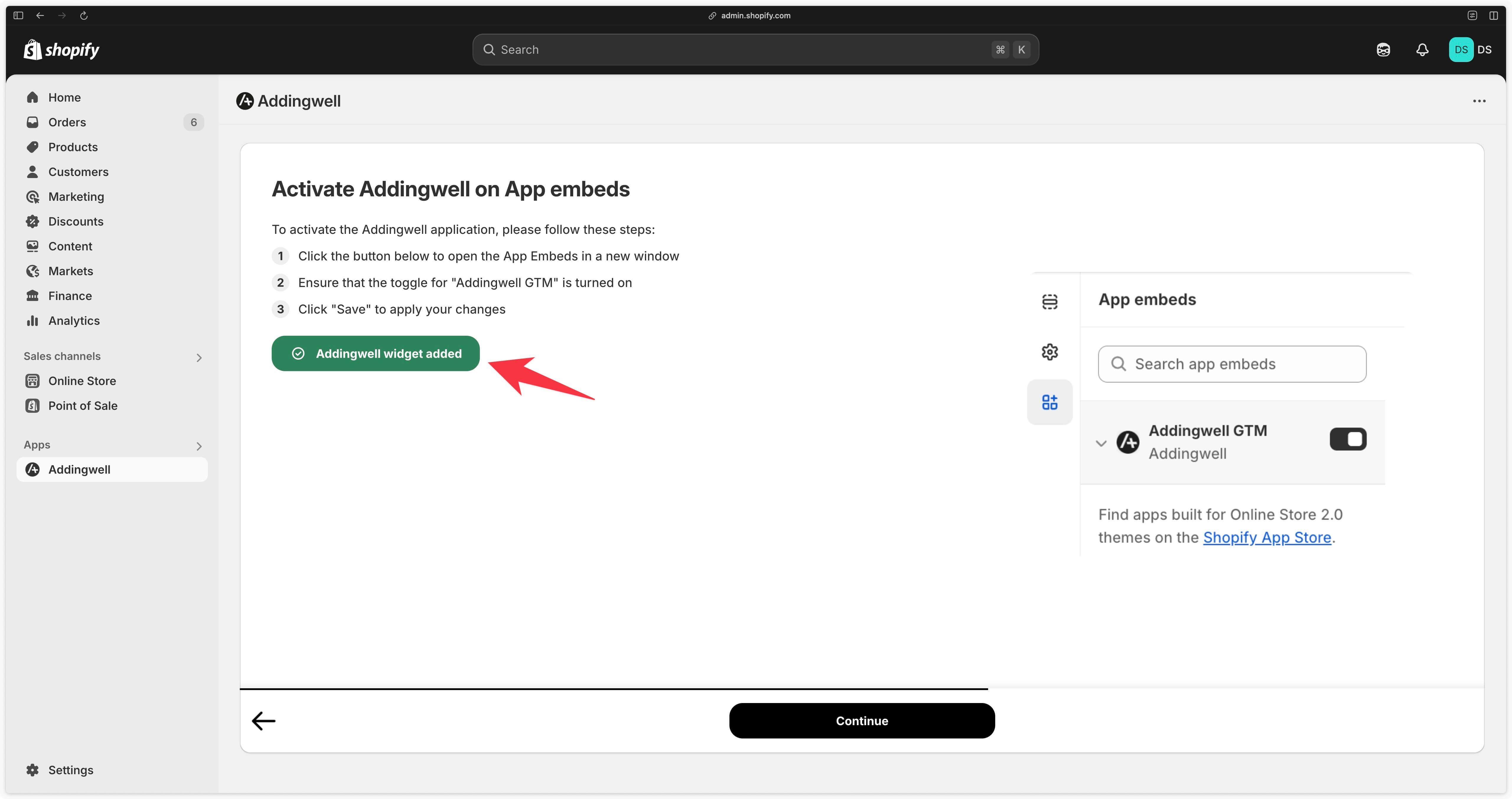 App embed Addingwell activated