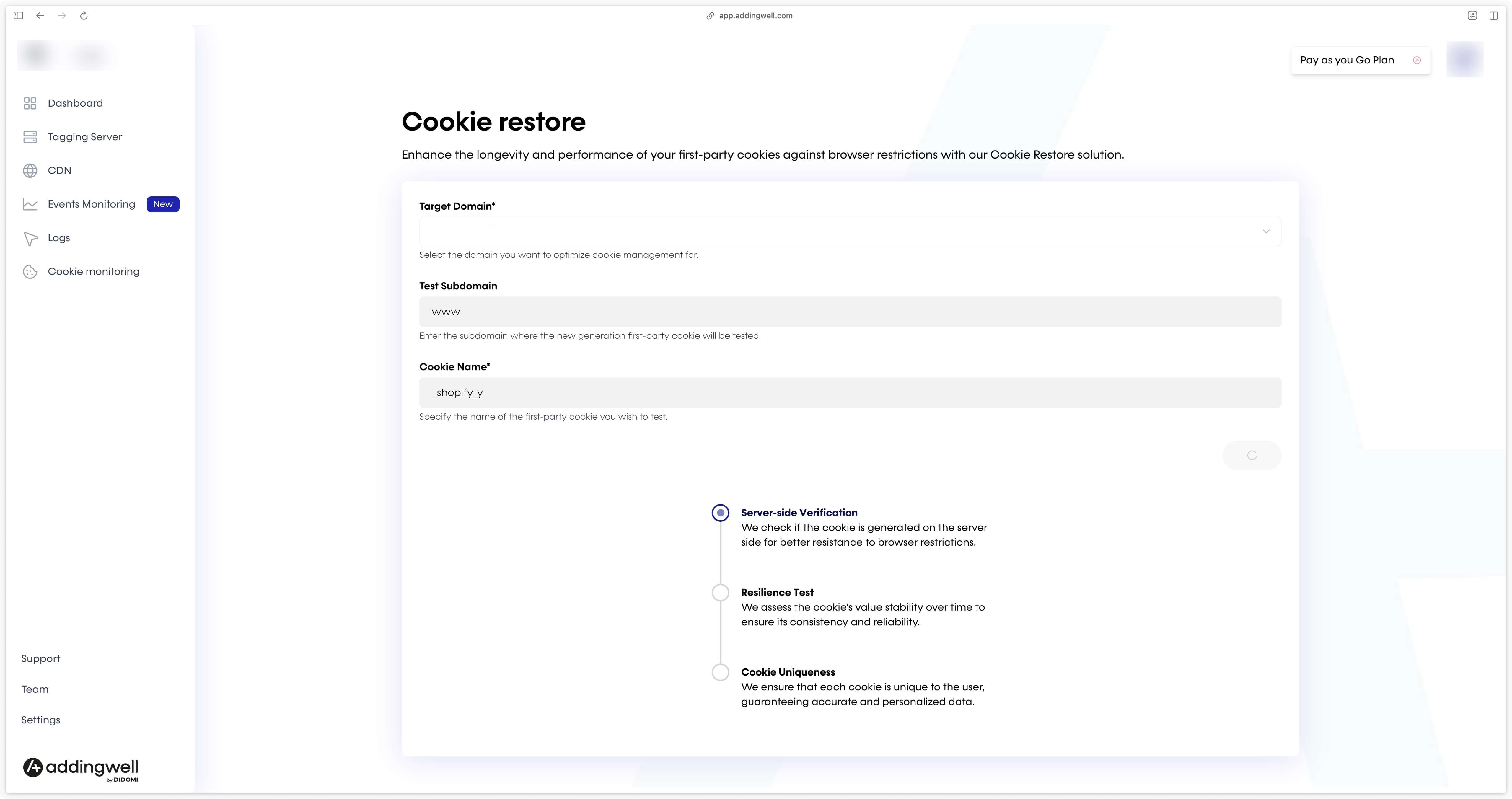 Configuring Cookie Restore functionality in Addingwell