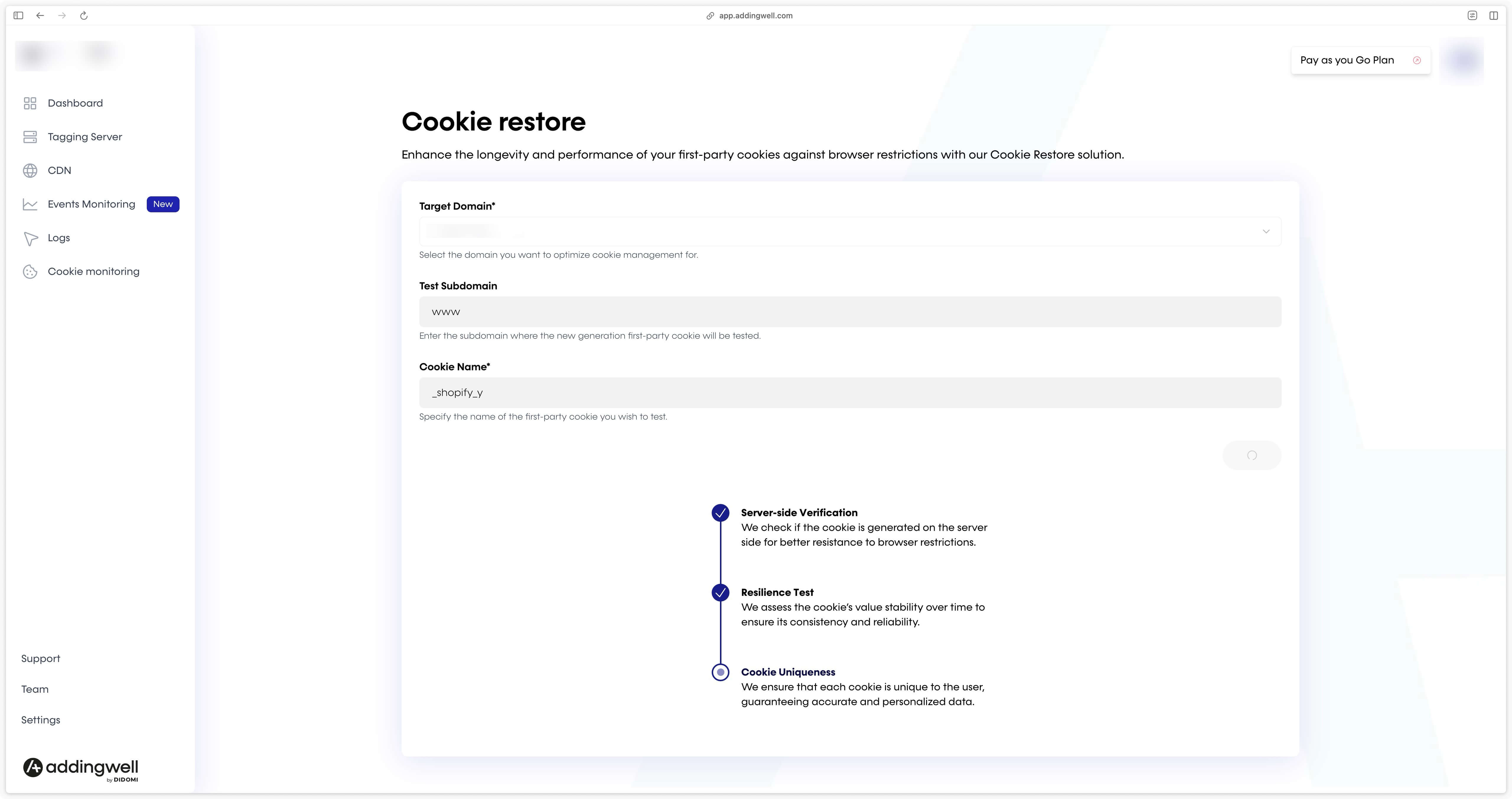 Configuring Cookie Restore functionality in Addingwell