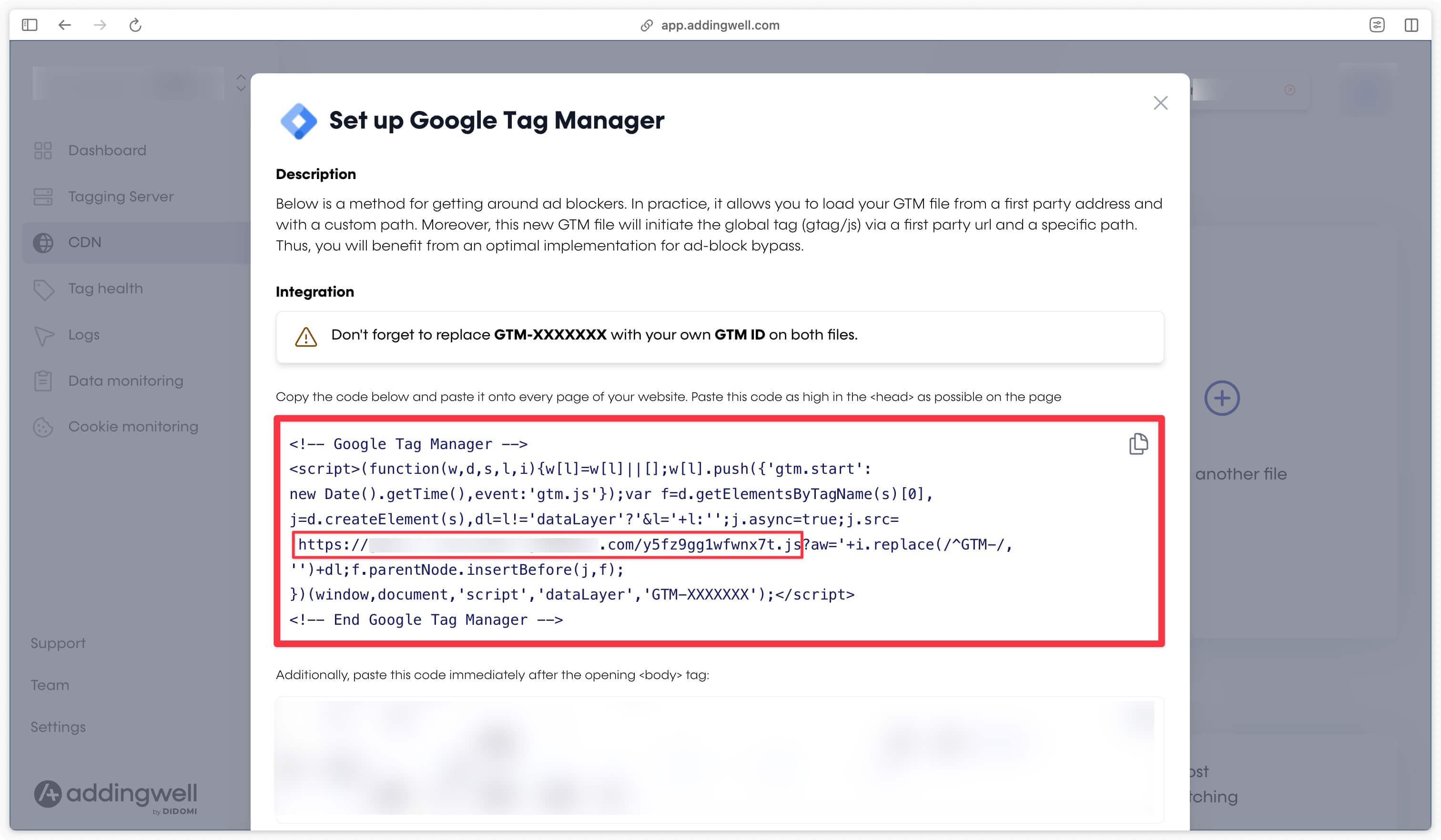 URL of GTM script proxied in Addingwell