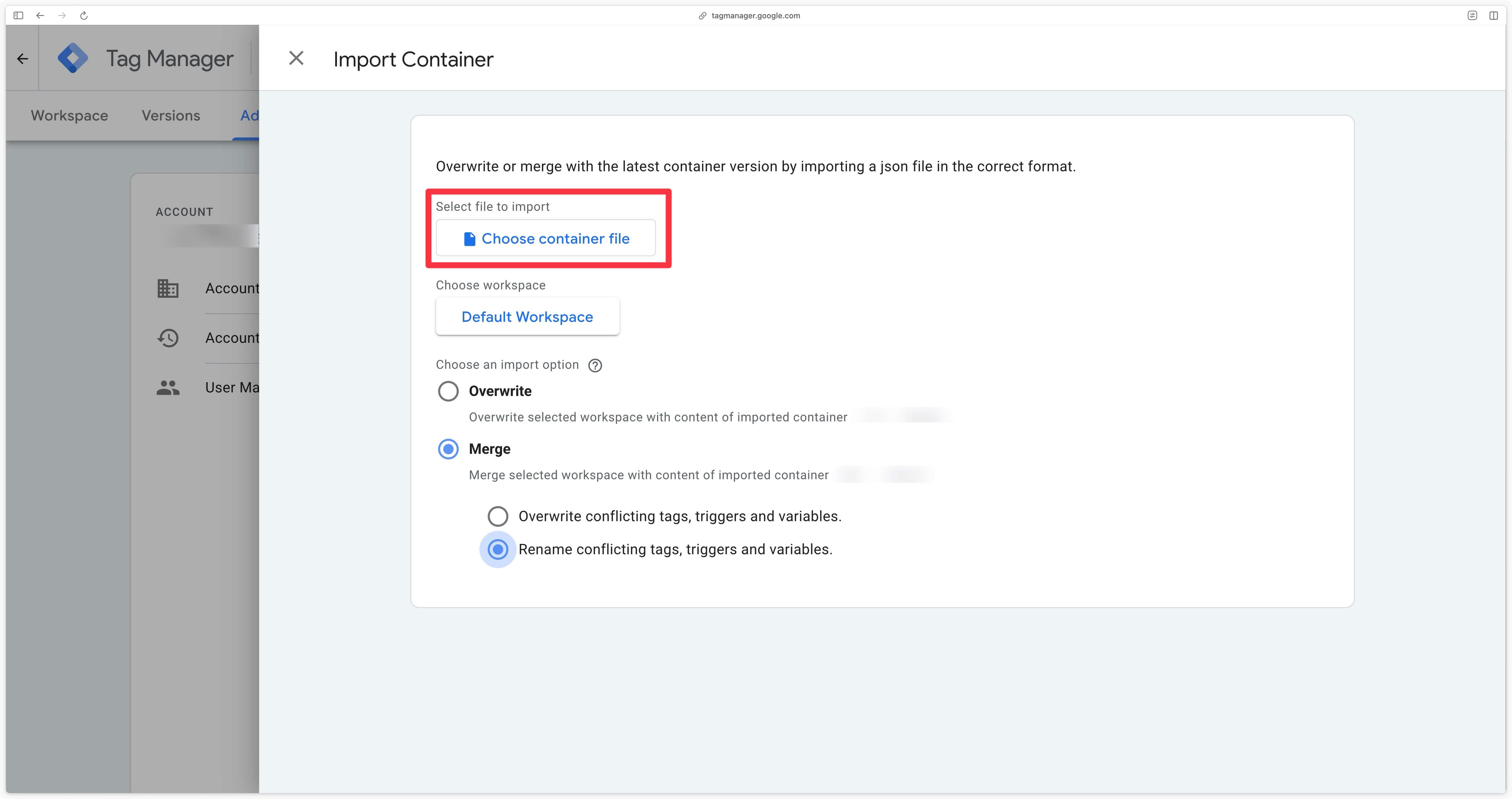 Choose container file to import