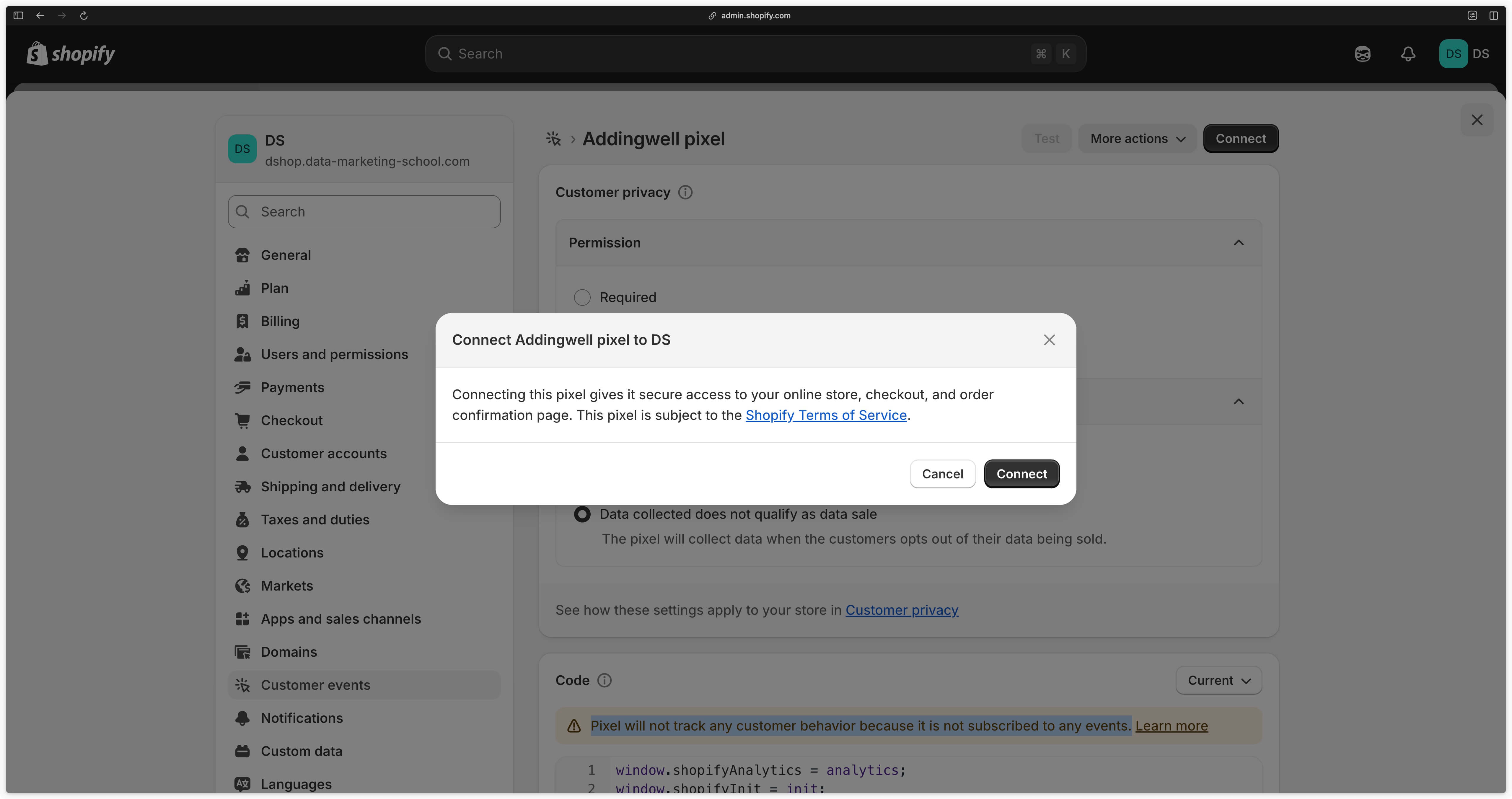 Addingwell custom pixel connection confirmation