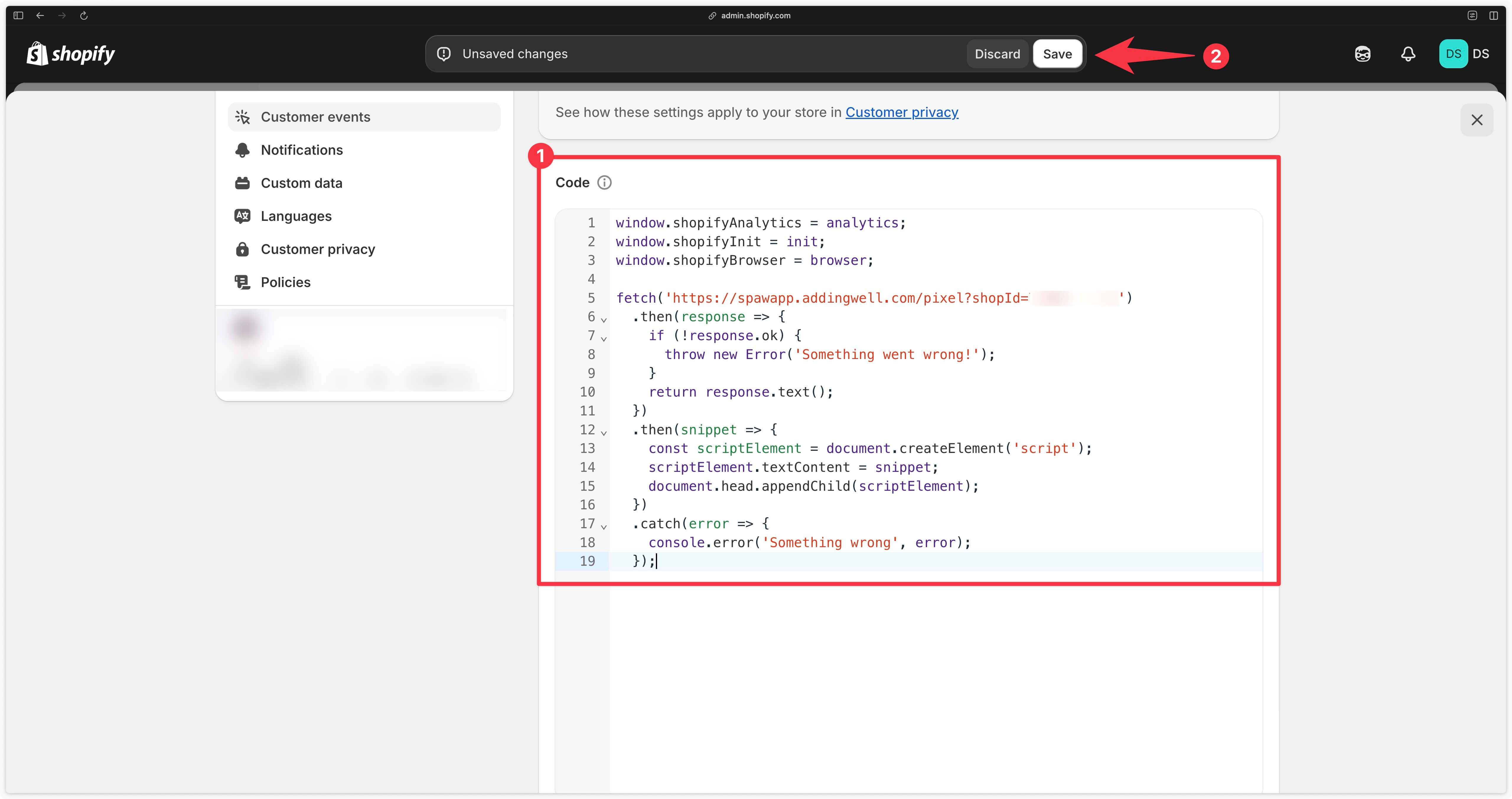 Paste custom pixel code and save changes