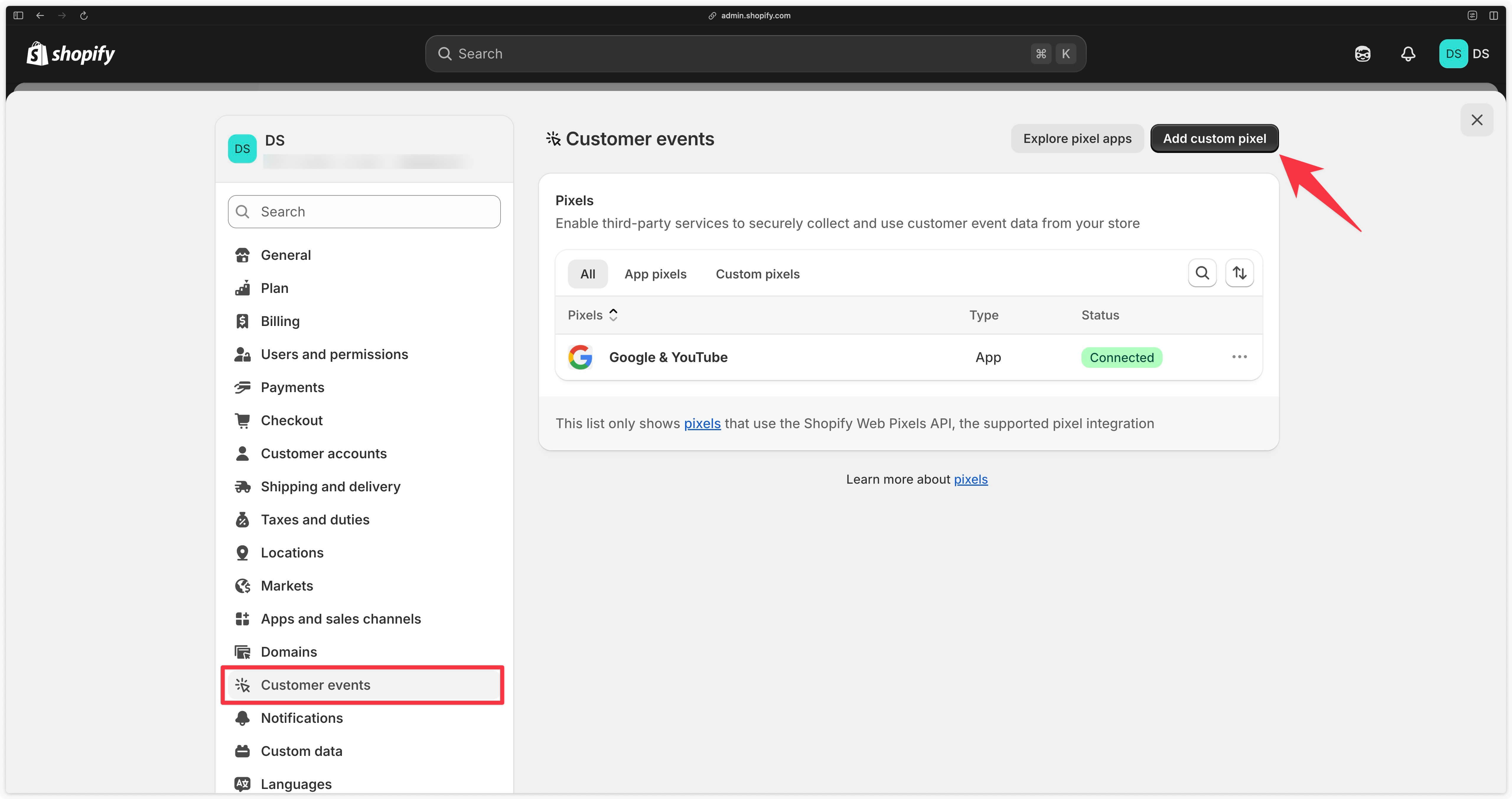 Add customer pixel button in Shopify customer events