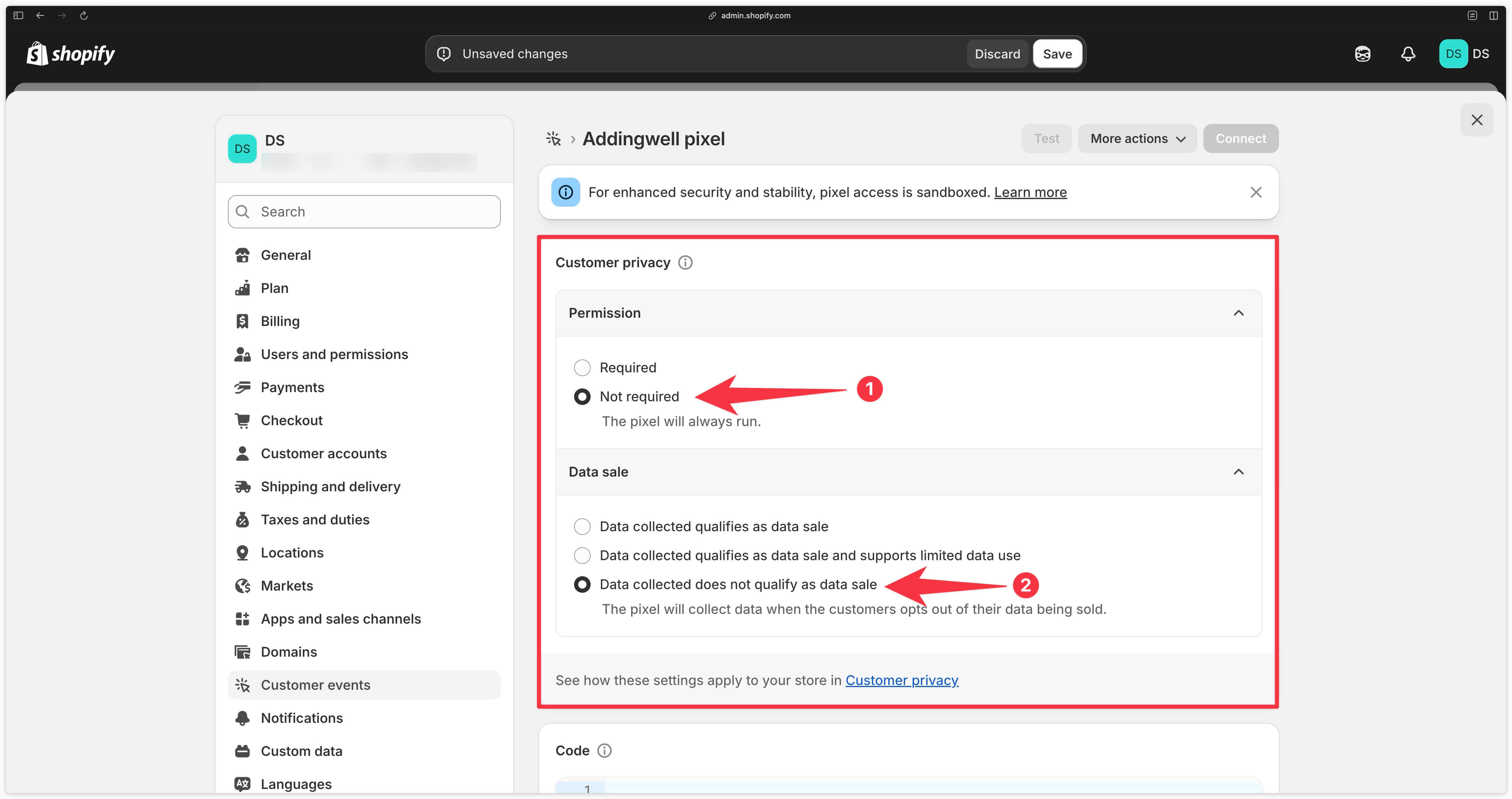 Customer privacy settings in custom pixel