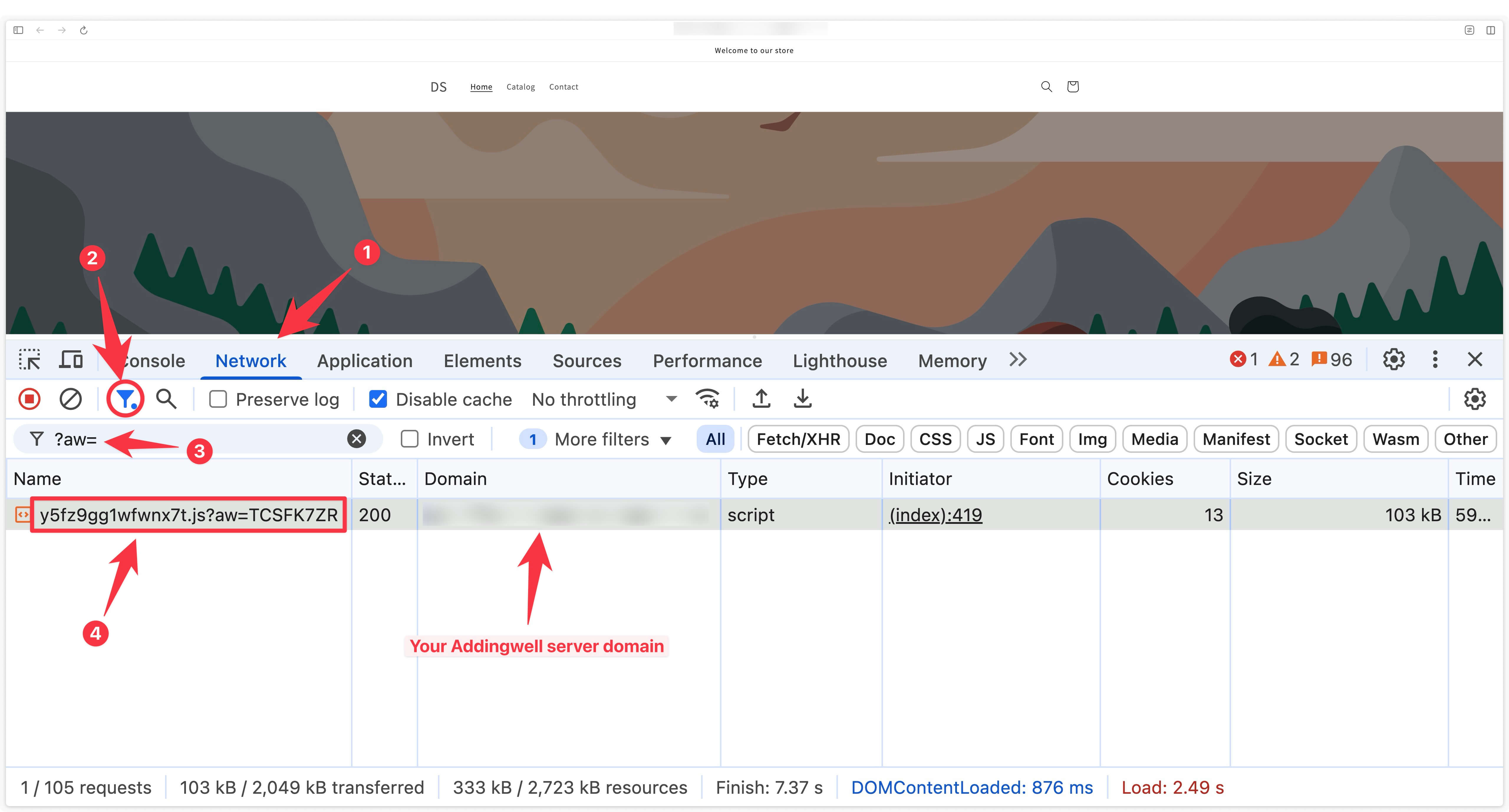 Check custom path and custom parameter loading on Shopify shop