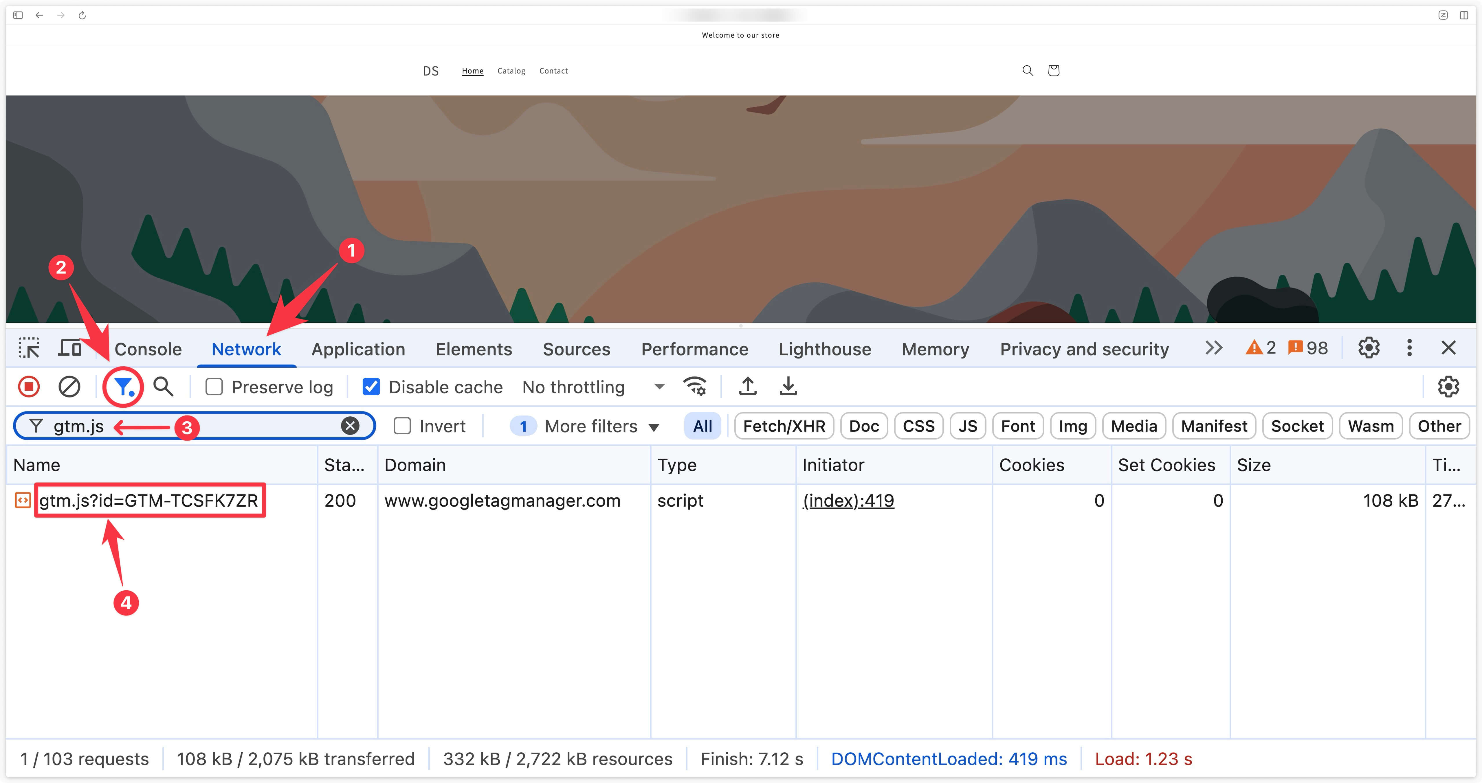 Check gtm.js loading on Shopify shop