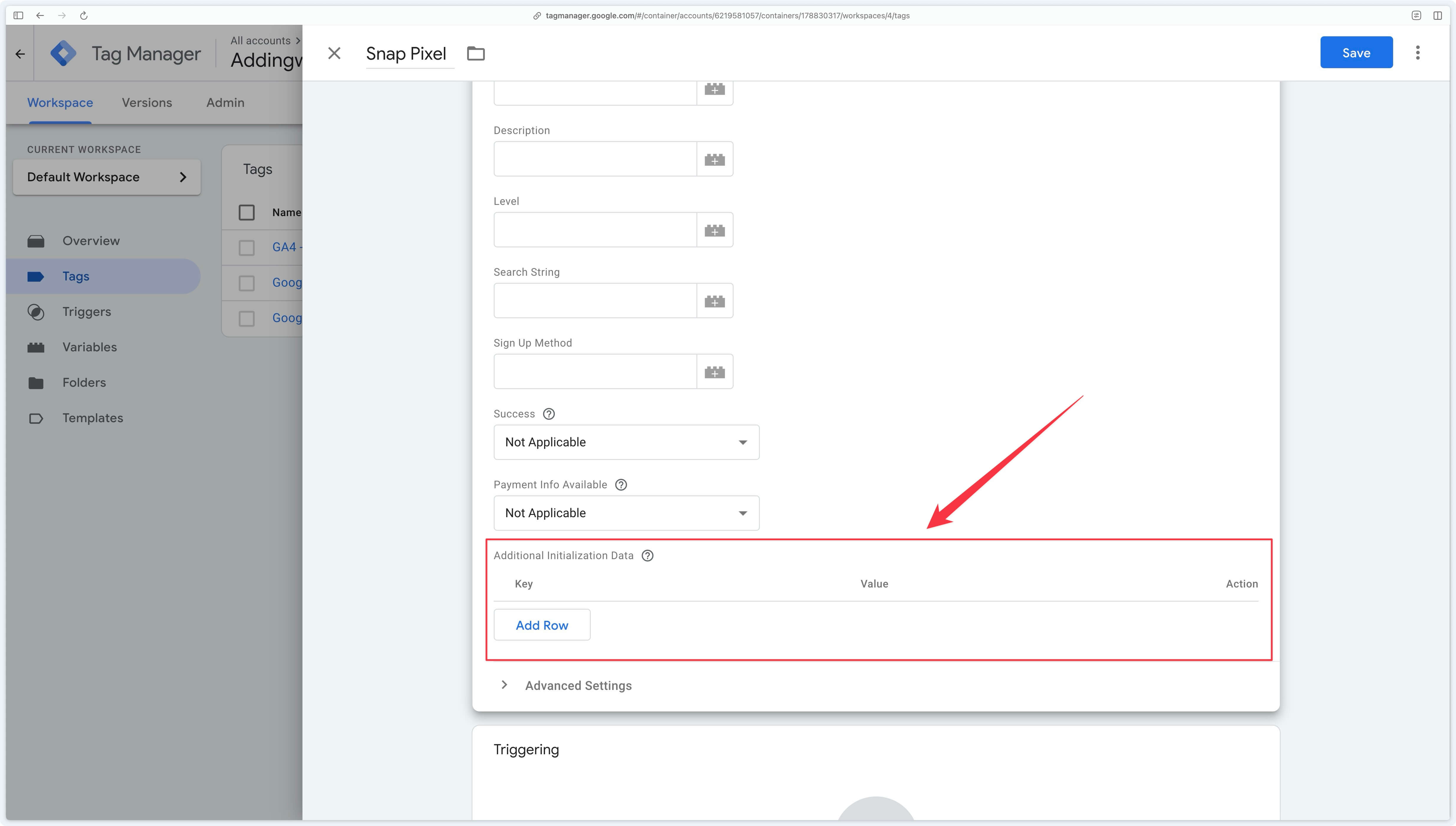 Additionnal Initialization Data section in the Snap Pixel